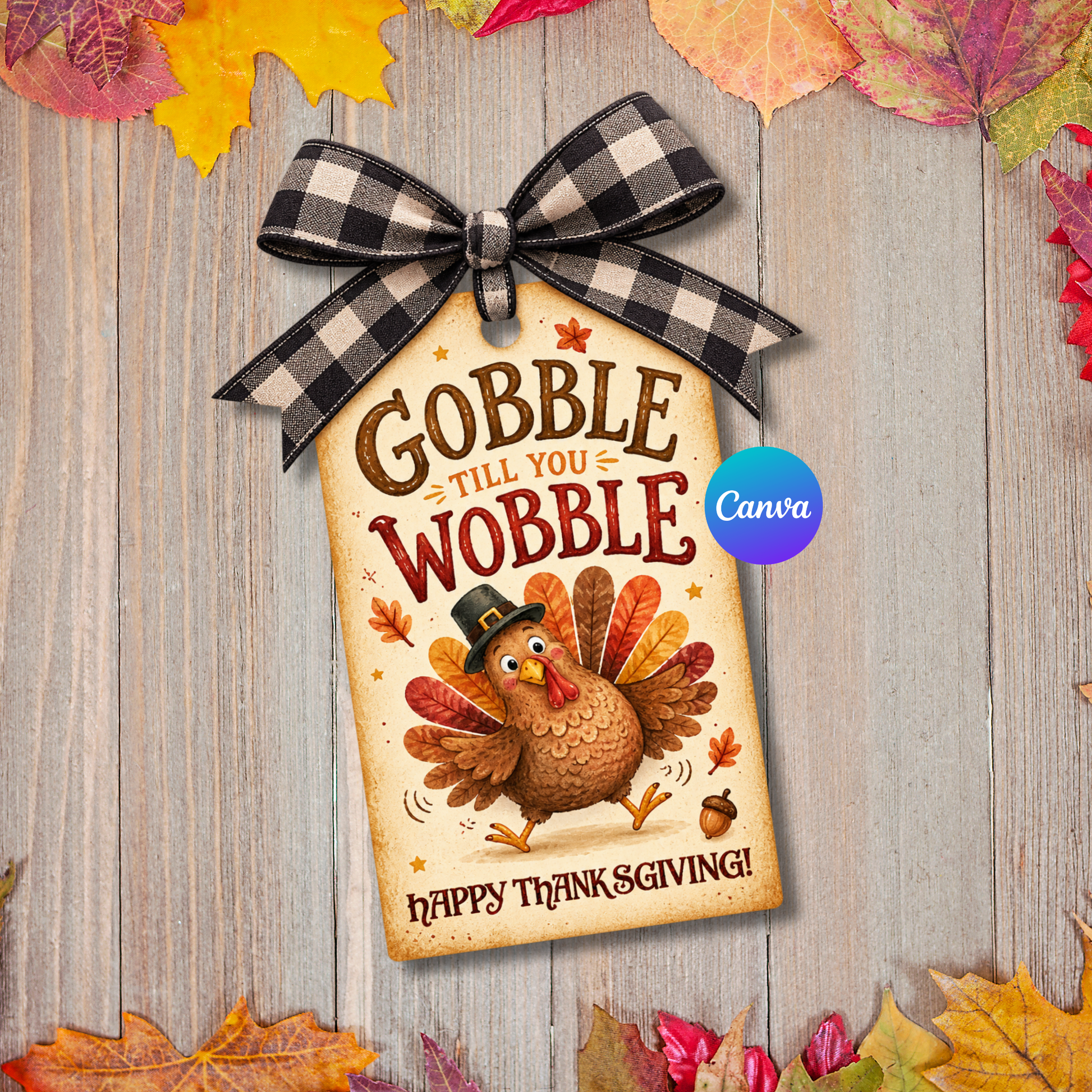 Gobble Till You Wobble Thanksgiving gift tag with cute vintage turkey design