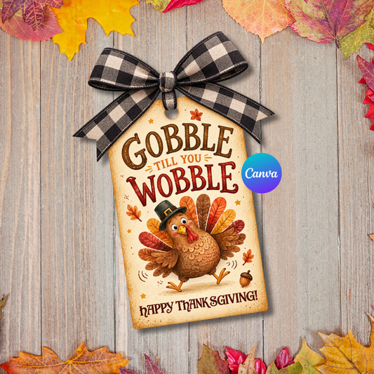 Gobble Till You Wobble Thanksgiving gift tag with cute vintage turkey design