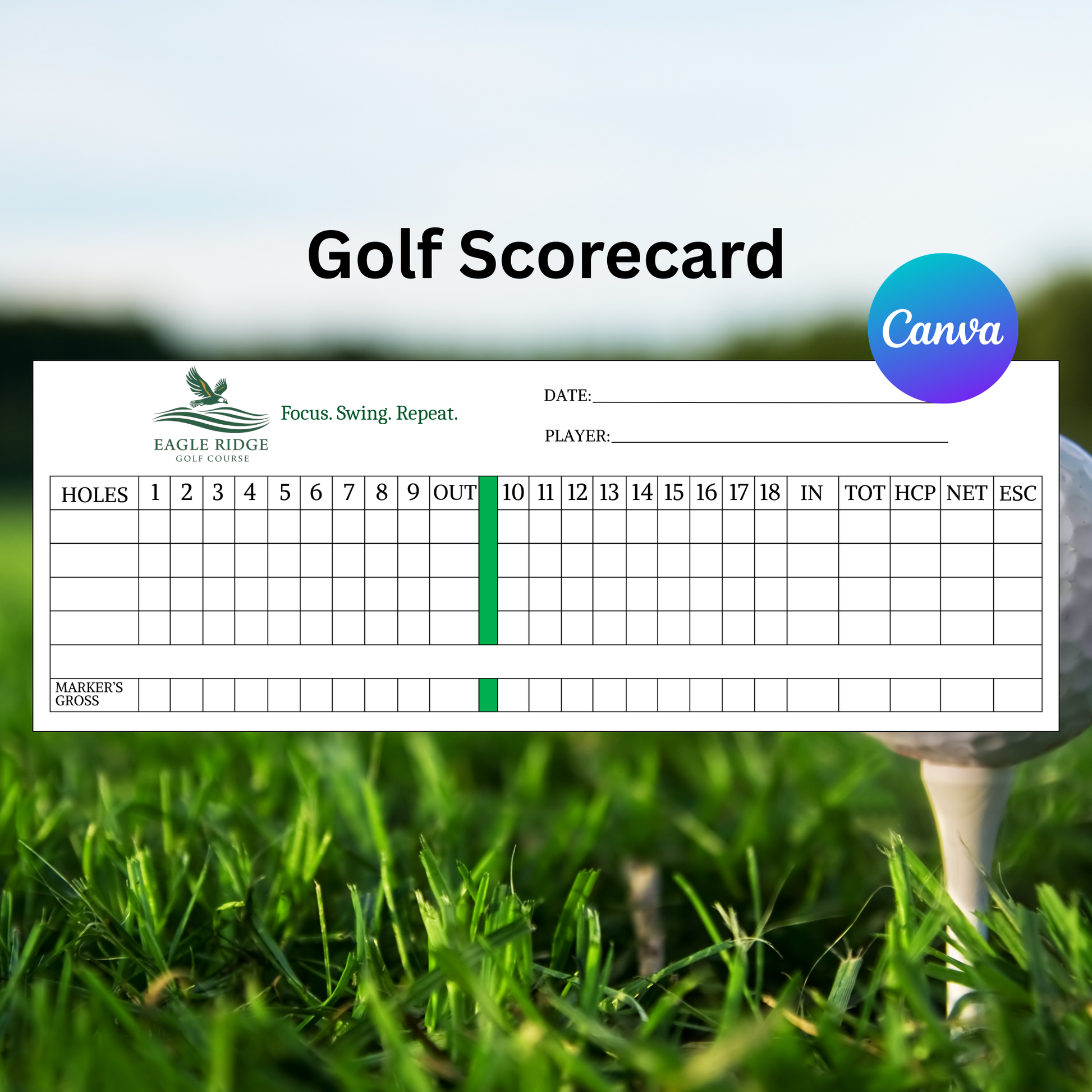 Golf scorecard with Eagle Ridge branding on a grass background