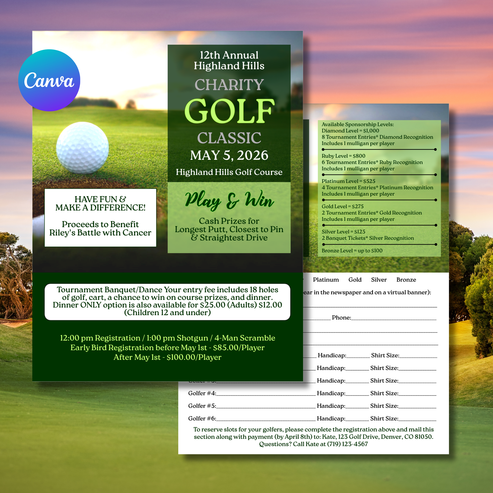 Charity golf event flyer with golf course background and Canva logo.