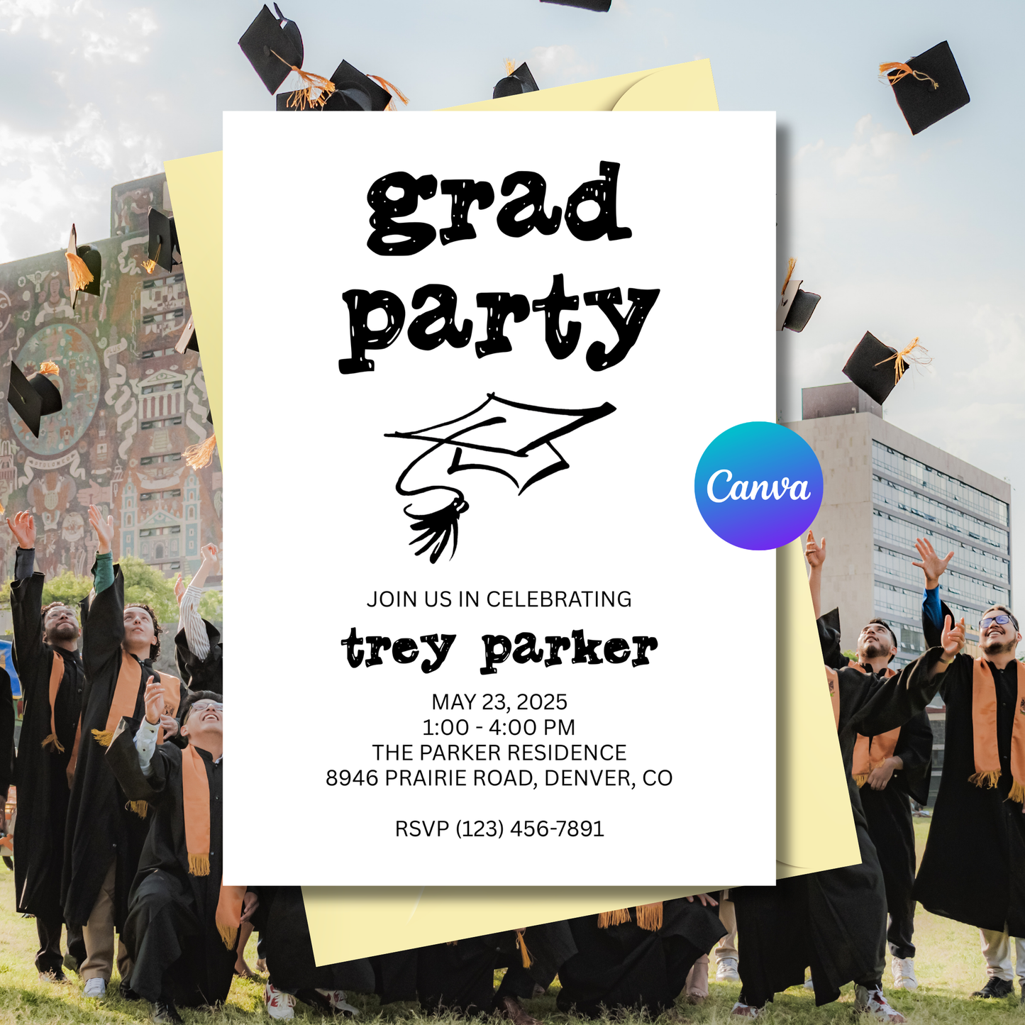 Graduation party invitation with graduates throwing caps in the air.