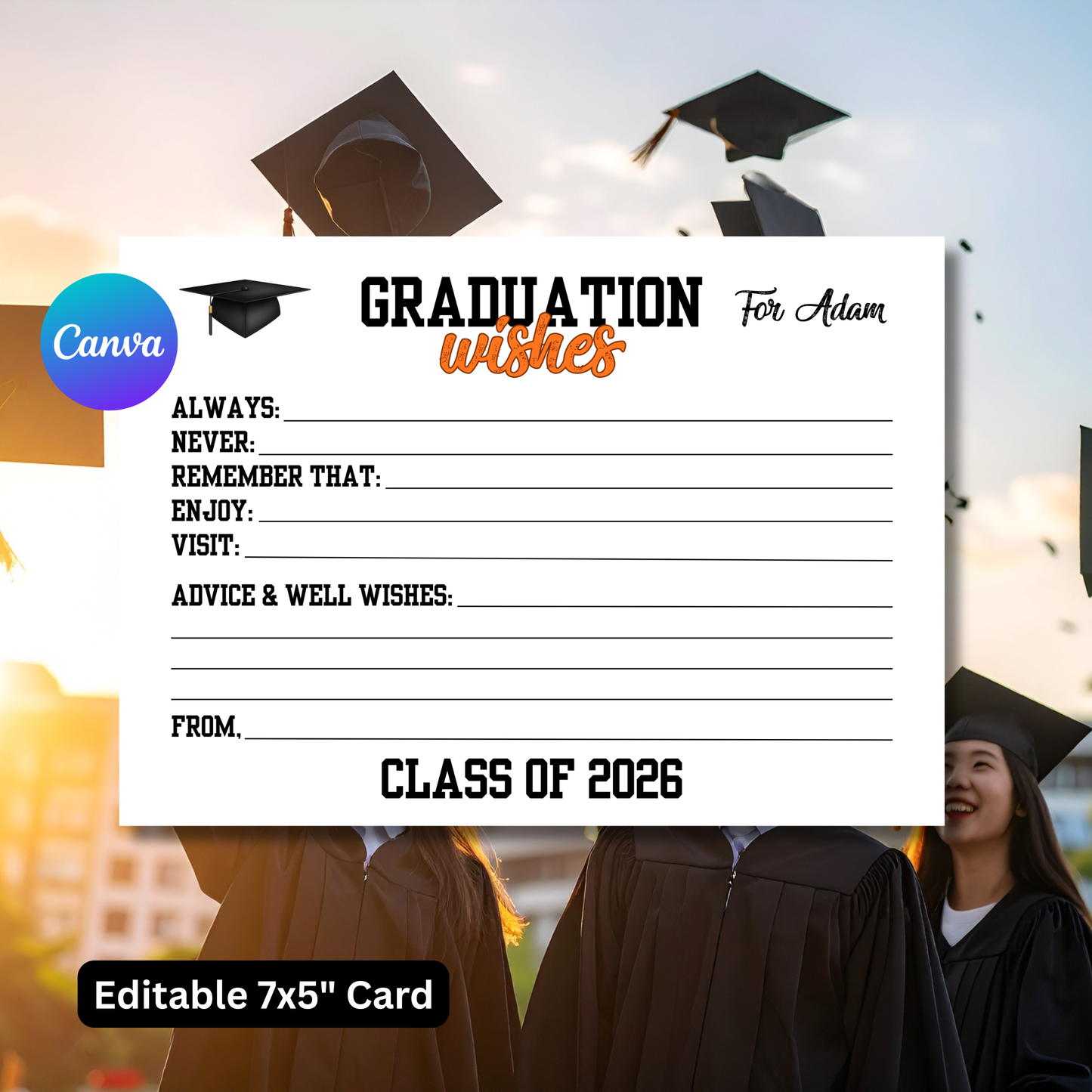 Graduation Advice Card Template | Editable Canva Graduation Wishes Card | Grad Party Advice Cards Printable 5x7 Instant Download
