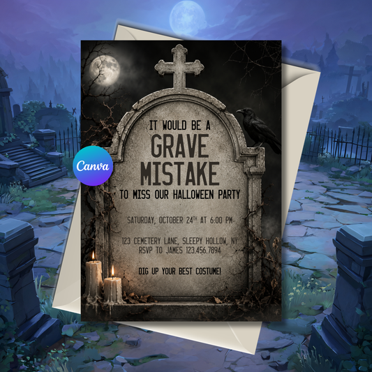 Editable Graveyard Halloween Party invitation template featuring a vintage weathered tombstone with raven, candles, moonlit cemetery, and gothic details. Canva editable 5x7 digital download.