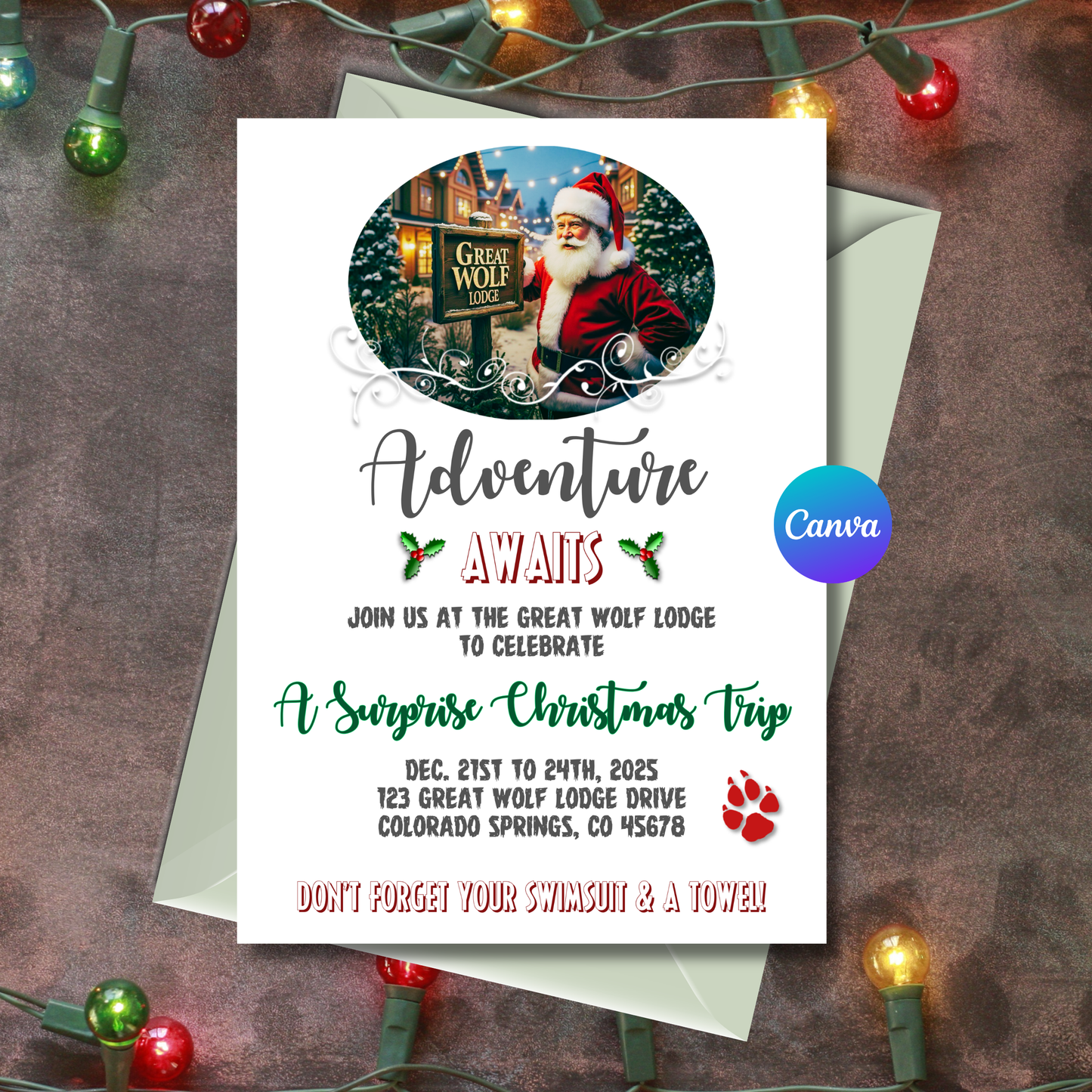 Editable Great Wolf Lodge Christmas invitation template for Christmas vacation trip reveal