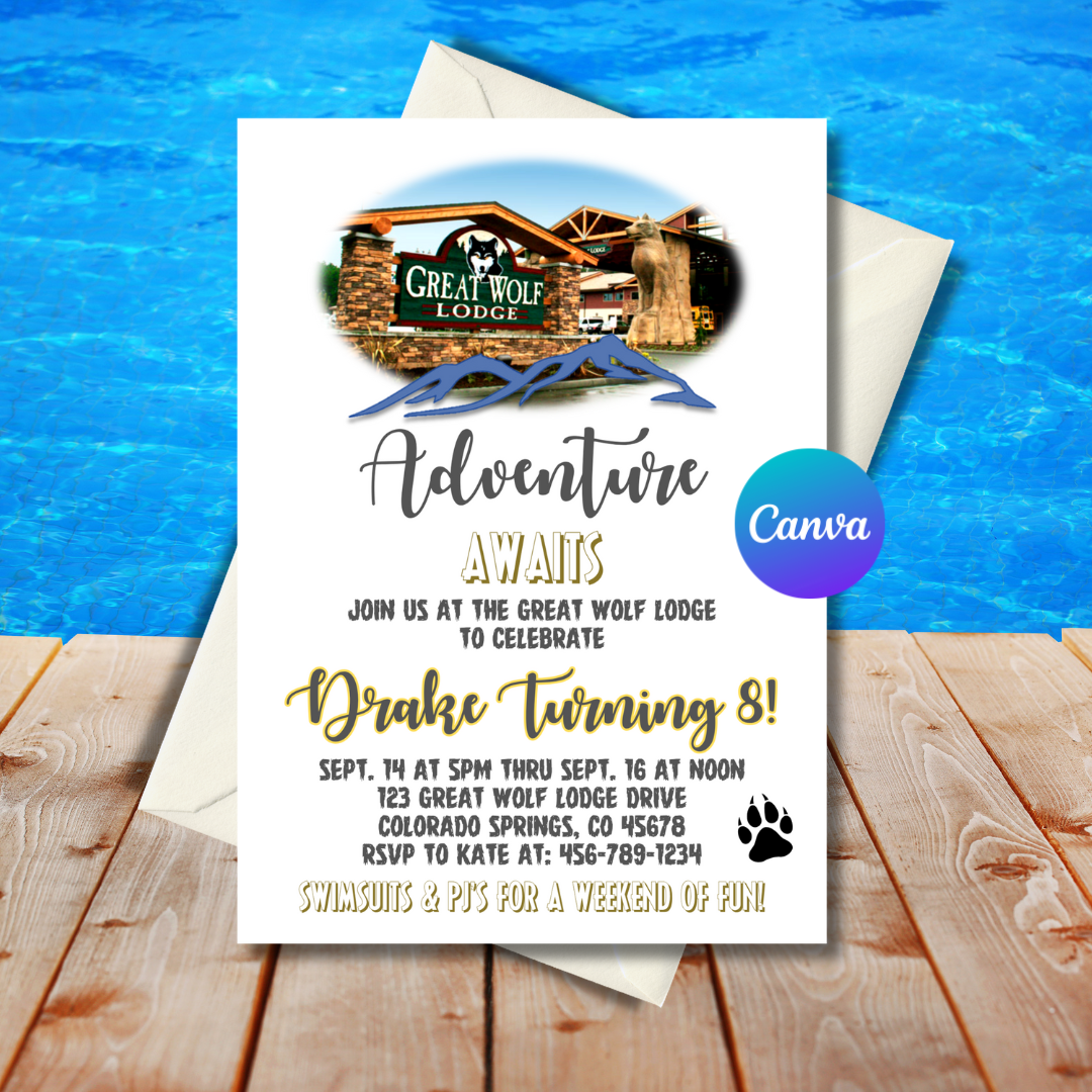 Invitation card for Great Wolf Lodge birthday celebration with pool and wooden deck background