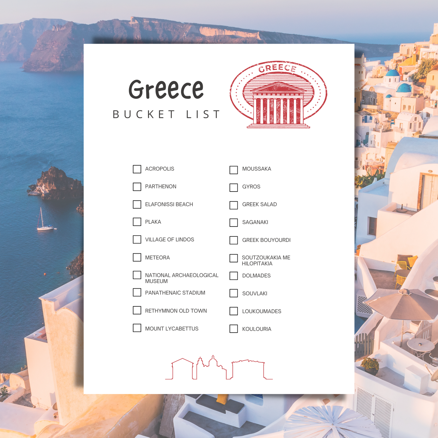 Greece Travel Bucket List Printable | Places to Visit & Foods to Try | Greece Trip Planner Page | Instant Download 8.5x11