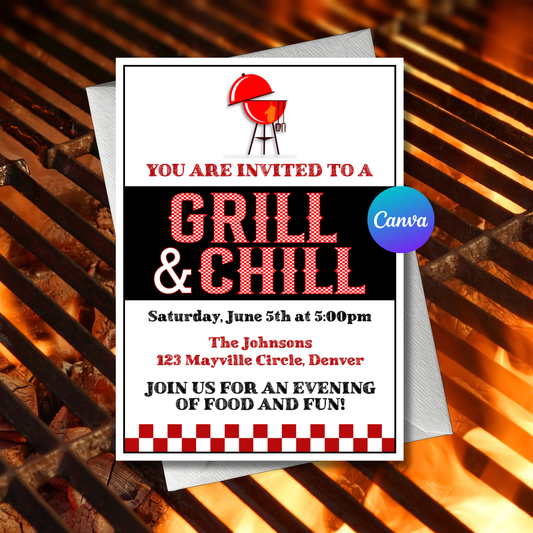 Grill & Chill Invitation Template | Editable Summer BBQ Party Invite | 5x7 Cookout Invitation Instant Download