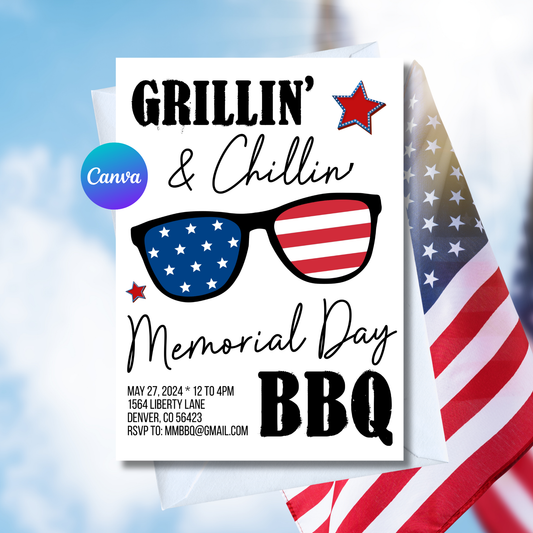 Grillin & Chillin Memorial Day BBQ Invitation | Summer BBQ Party Invite | Editable Cookout Invite | Canva Printable