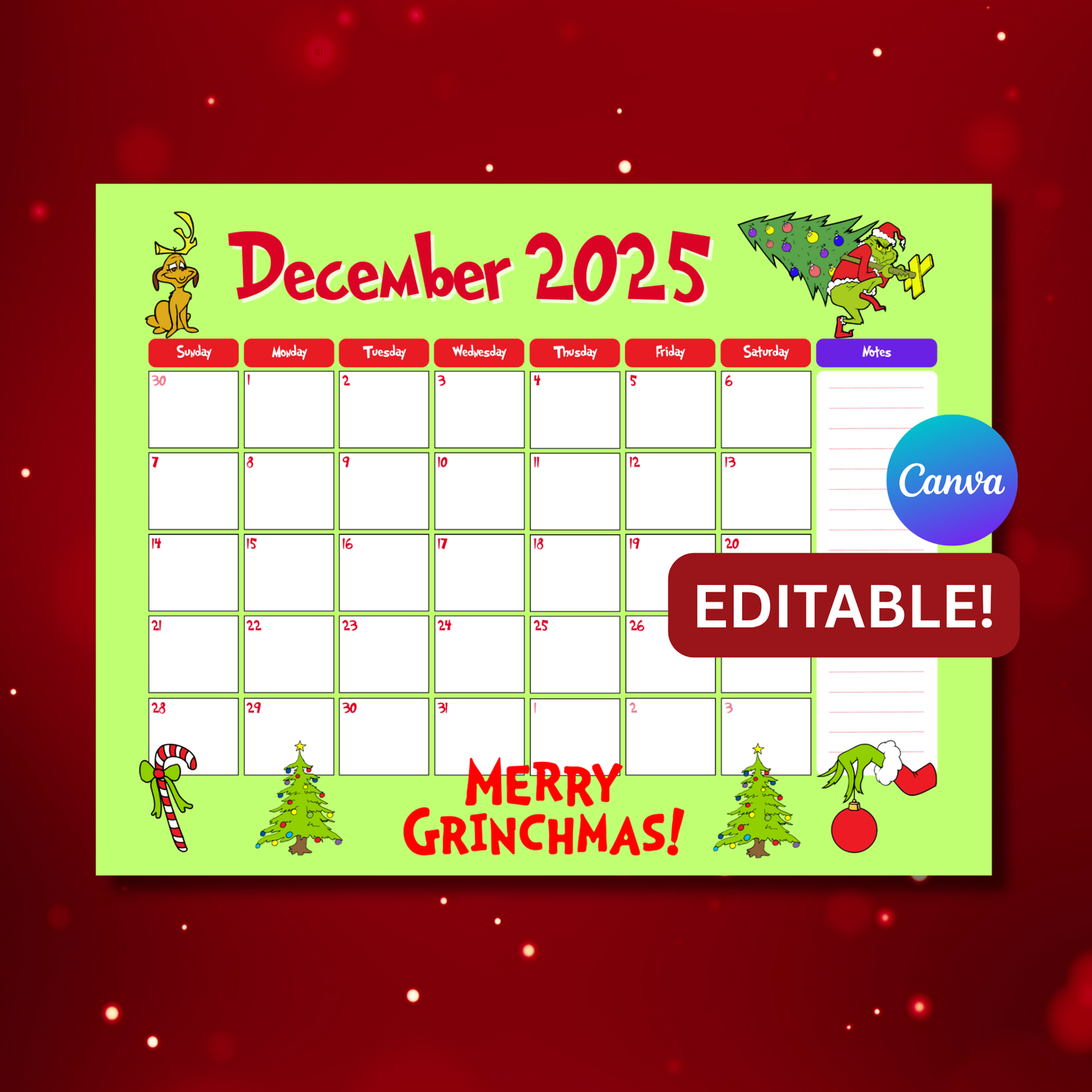 Grinch Christmas Countdown Calendar Printable | 8.5x11 Holiday Calendar | Editable Canva Christmas Countdown | Instant Download