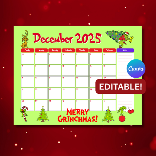 Grinch Christmas Countdown Calendar Printable | 8.5x11 Holiday Calendar | Editable Canva Christmas Countdown | Instant Download