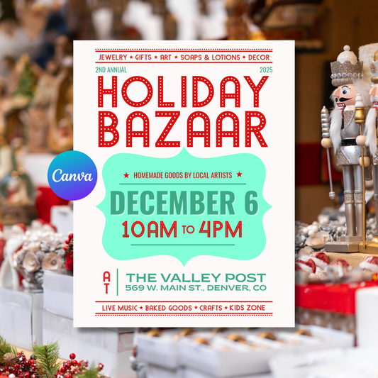 Holiday Bazaar Flyer Template | Editable Christmas Craft Fair Flyer | 8.5x11 Canva Flyer Instant Download
