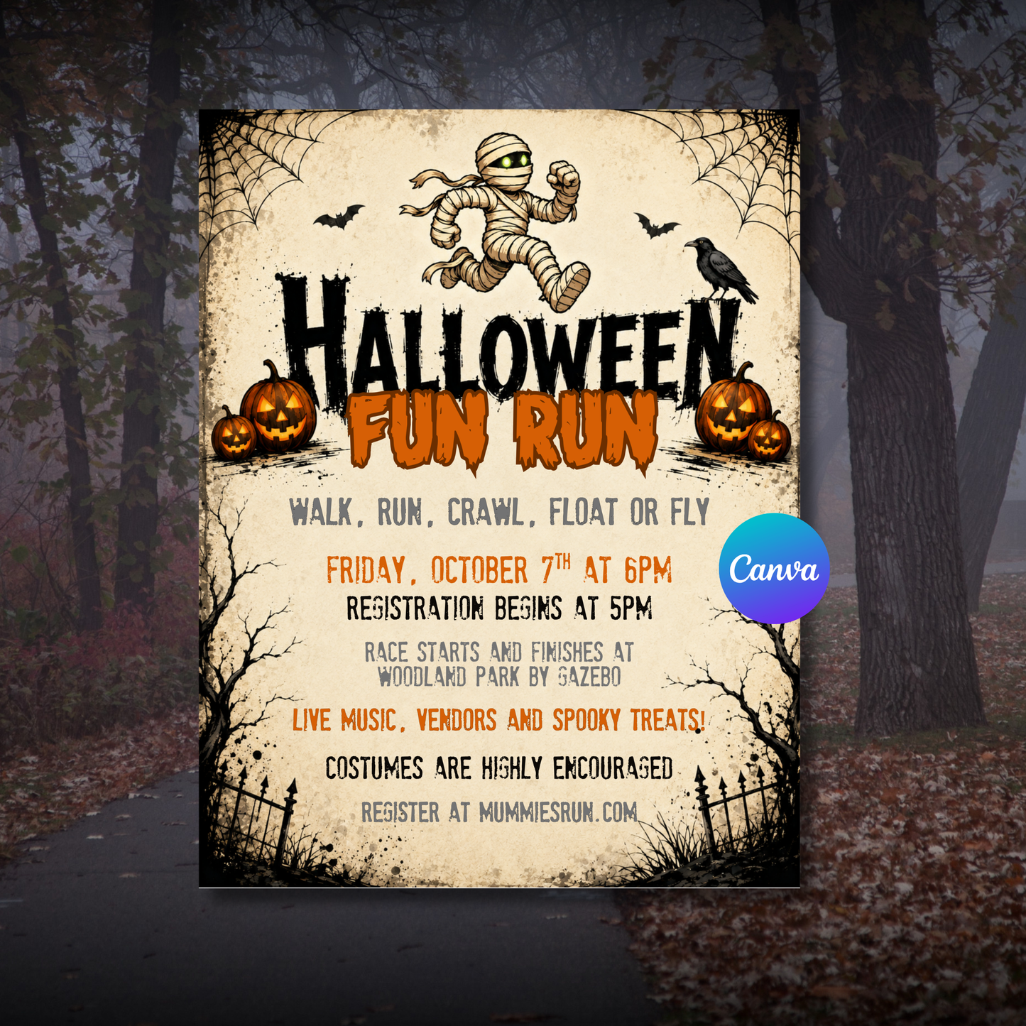Editable Halloween Fun Run flyer template with running mummy for 5K races and Halloween events