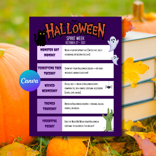 Halloween Spirit Week Calendar Template | Editable School Dress Up Schedule | Canva Instant Download