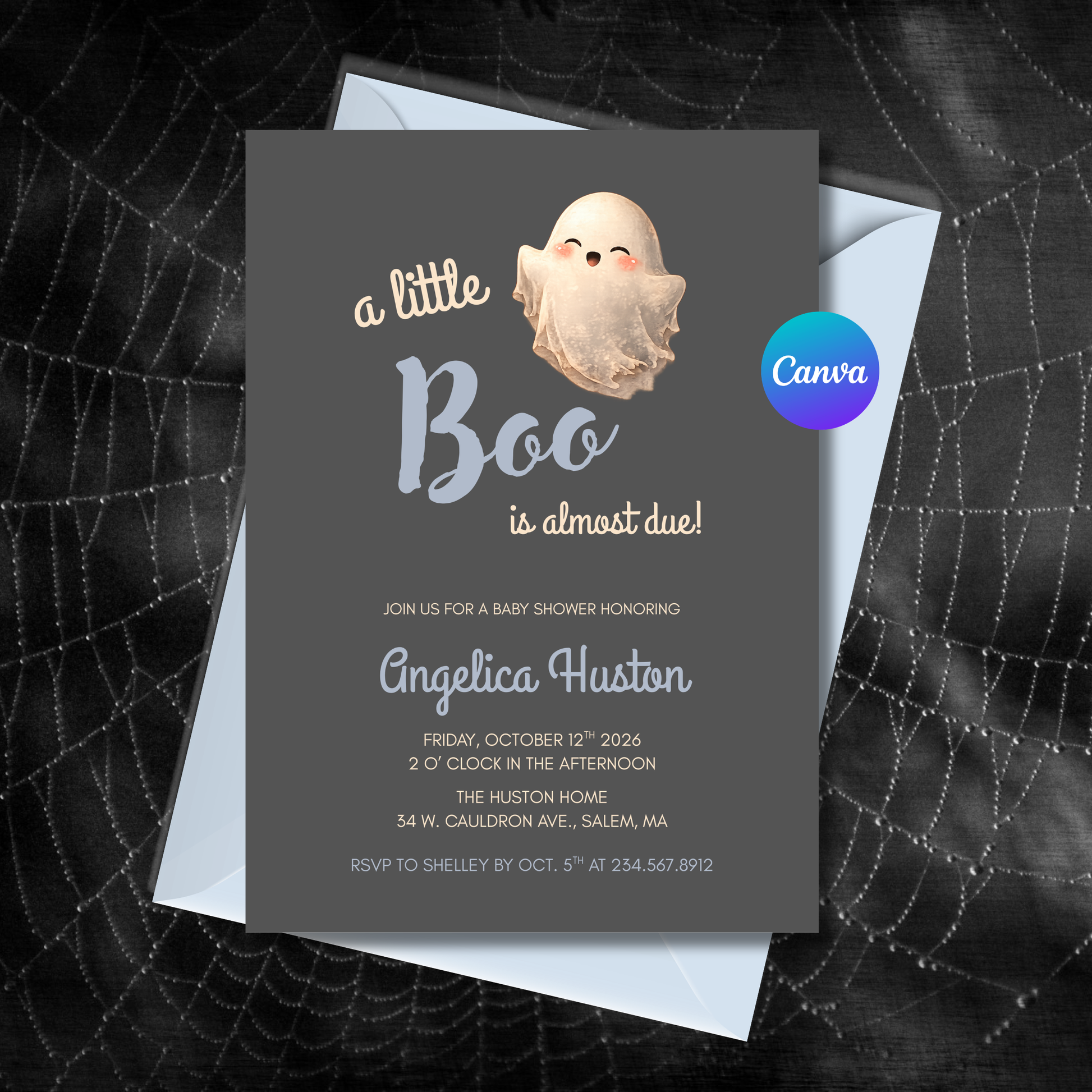 A Little Boo Baby Shower Invitation Editable 5x7 Canva Template with Cute Ghost