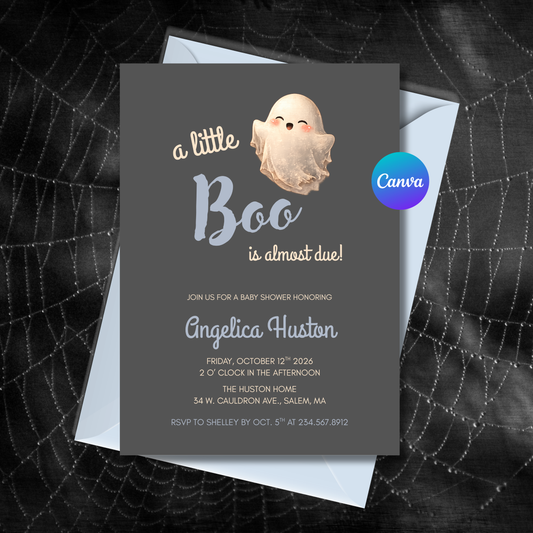 A Little Boo Baby Shower Invitation Editable 5x7 Canva Template with Cute Ghost