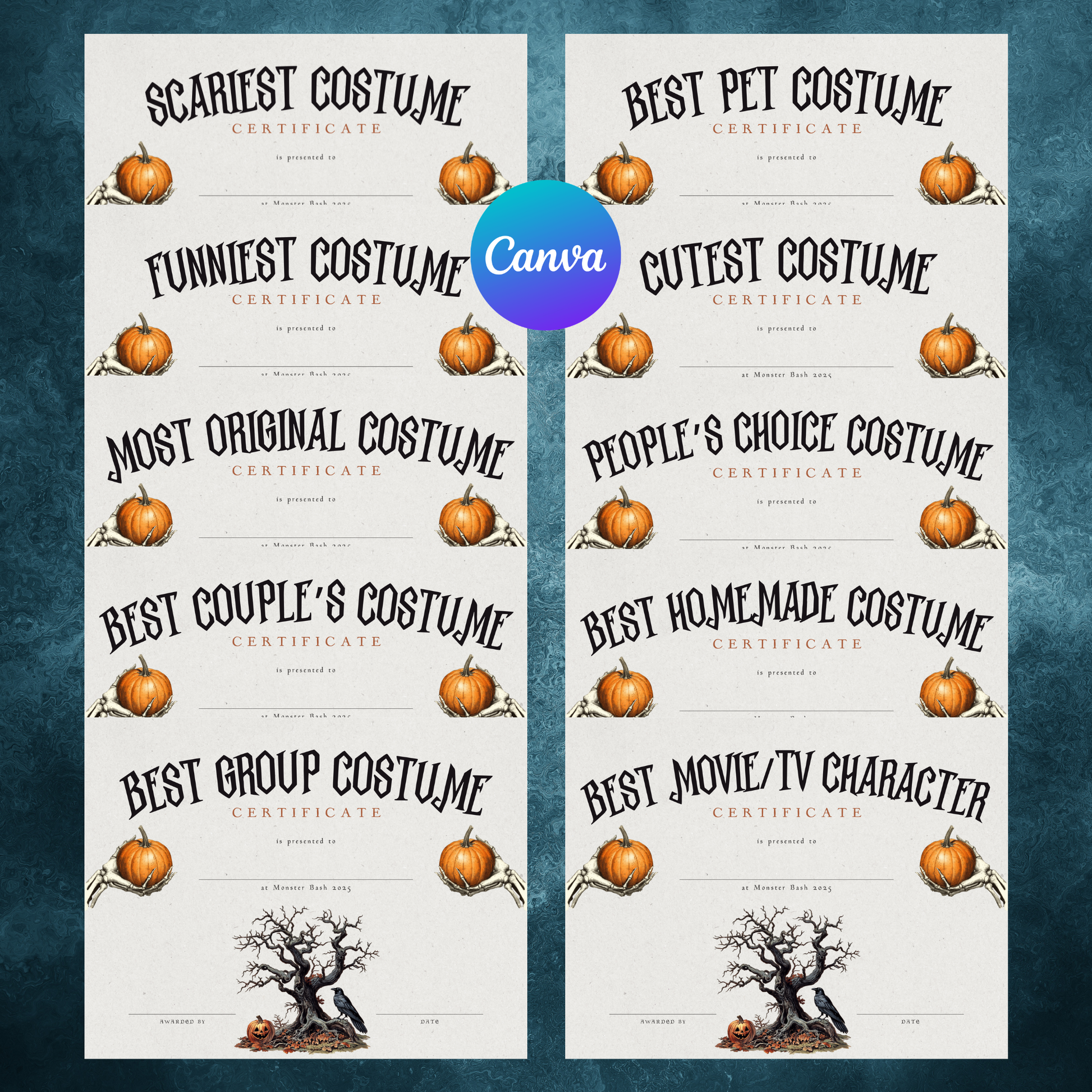 Halloween Costume Contest Award Certificates Editable Canva Template