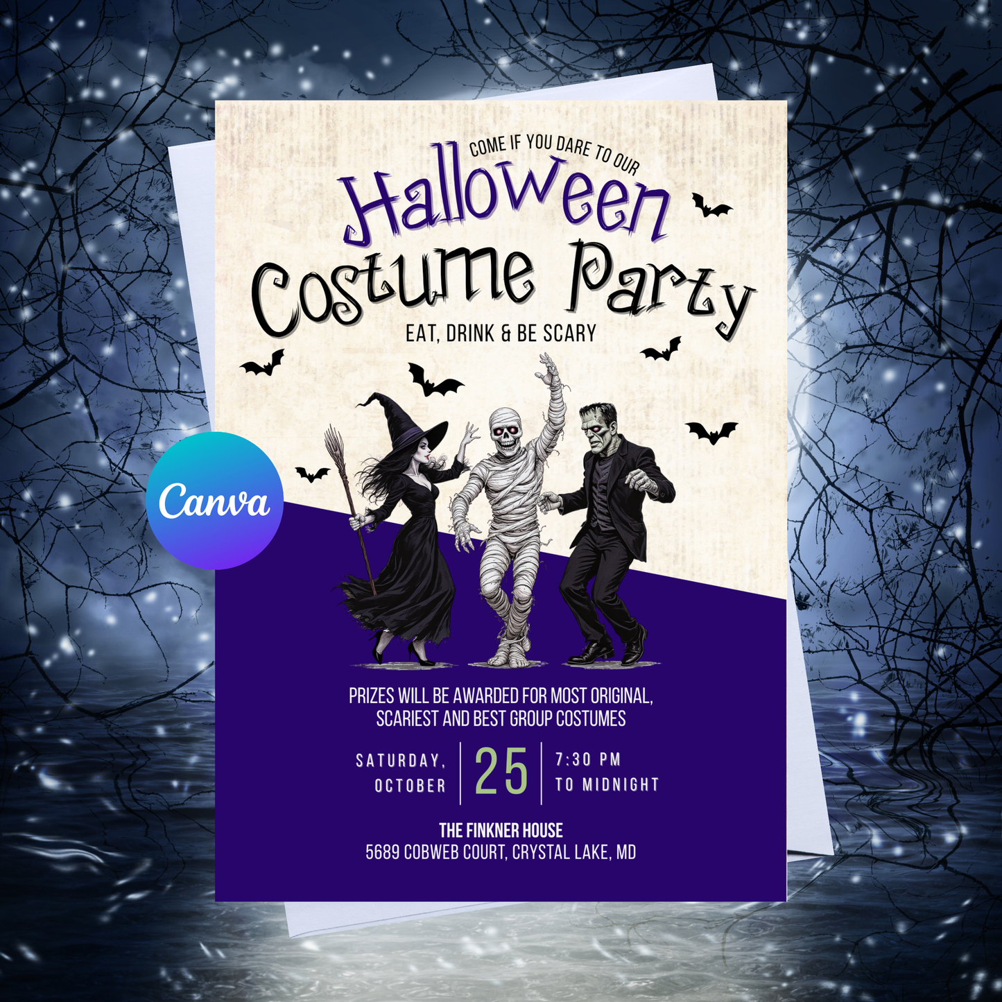 Halloween Costume Party Invitation Editable 5x7 Canva Template