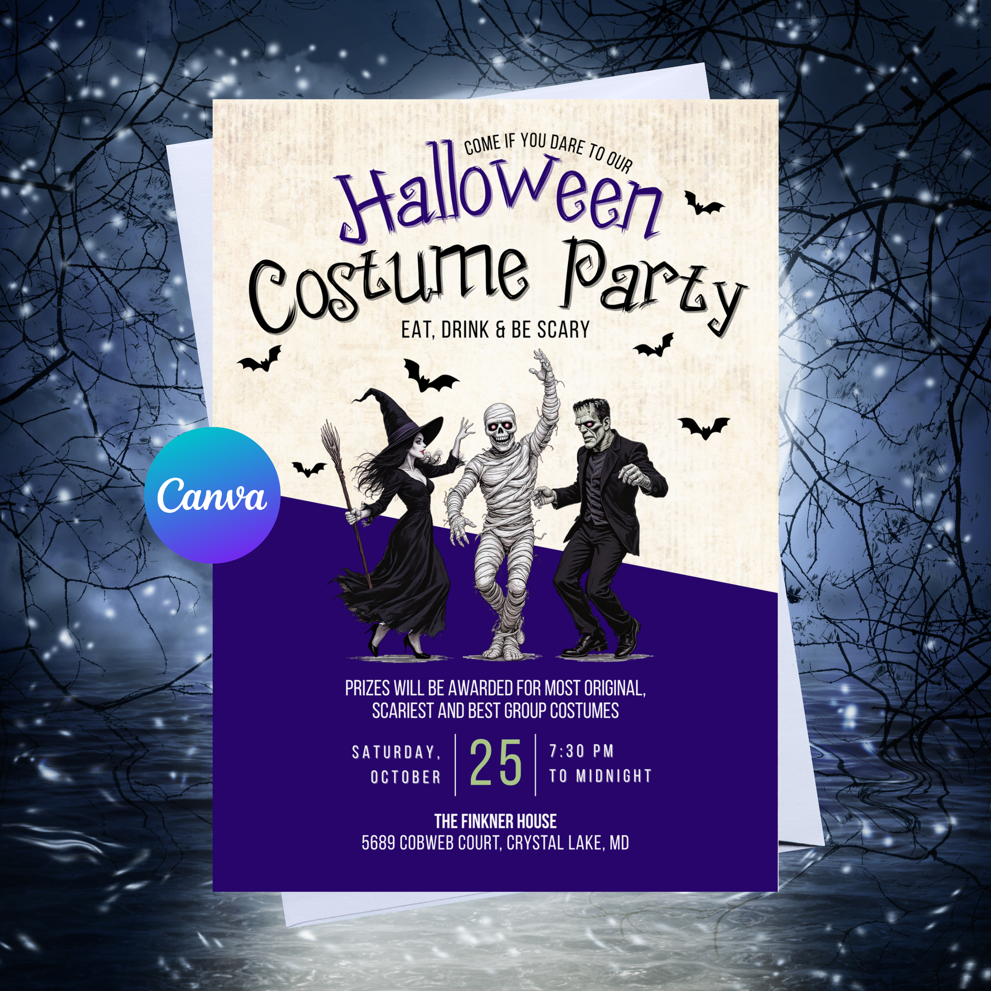 Halloween Costume Party Invitation Editable 5x7 Canva Template