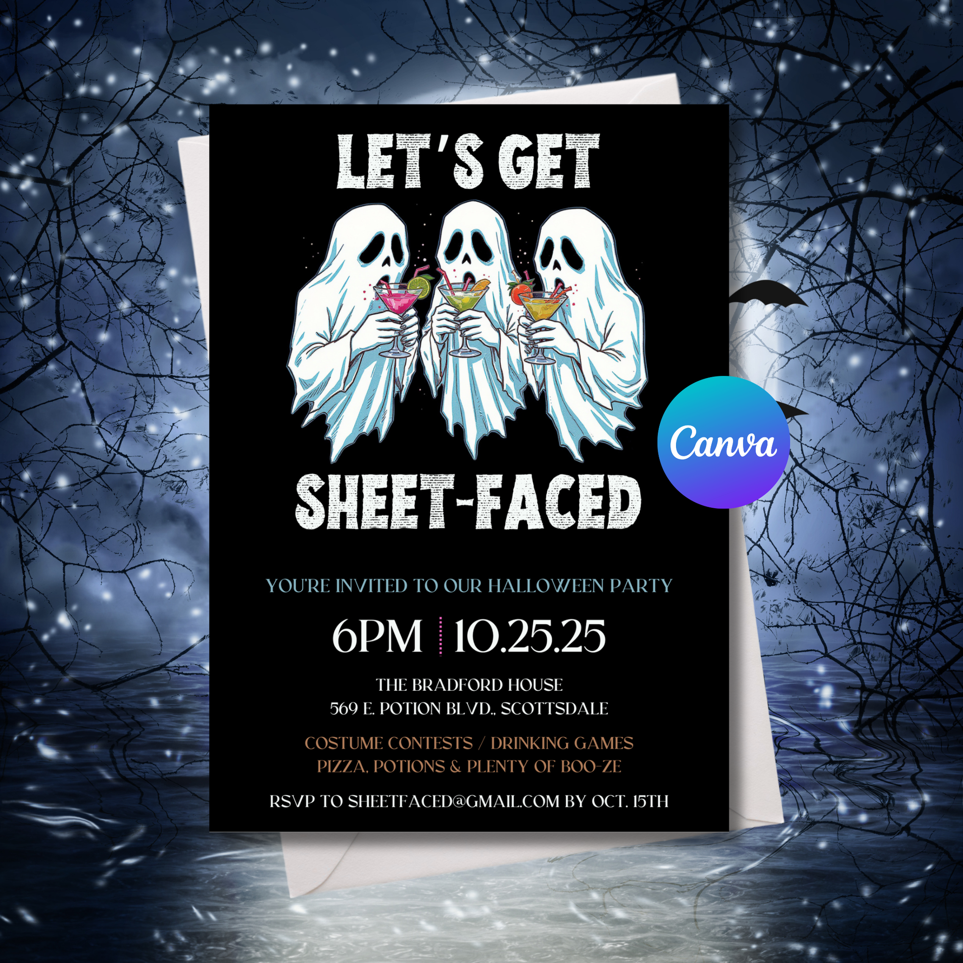 Let's Get Sheet-Faced Halloween Invitation Editable 5x7 Canva Template