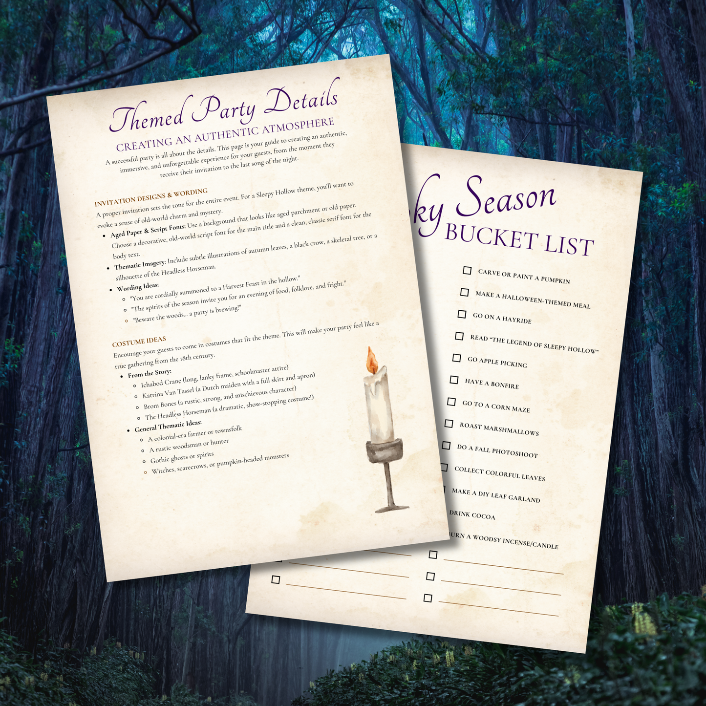 Sleepy Hollow Party Planner printable featuring Halloween planning pages, decorating guides, recipes, folklore, calendar, and party checklist inspired by the Headless Horseman.