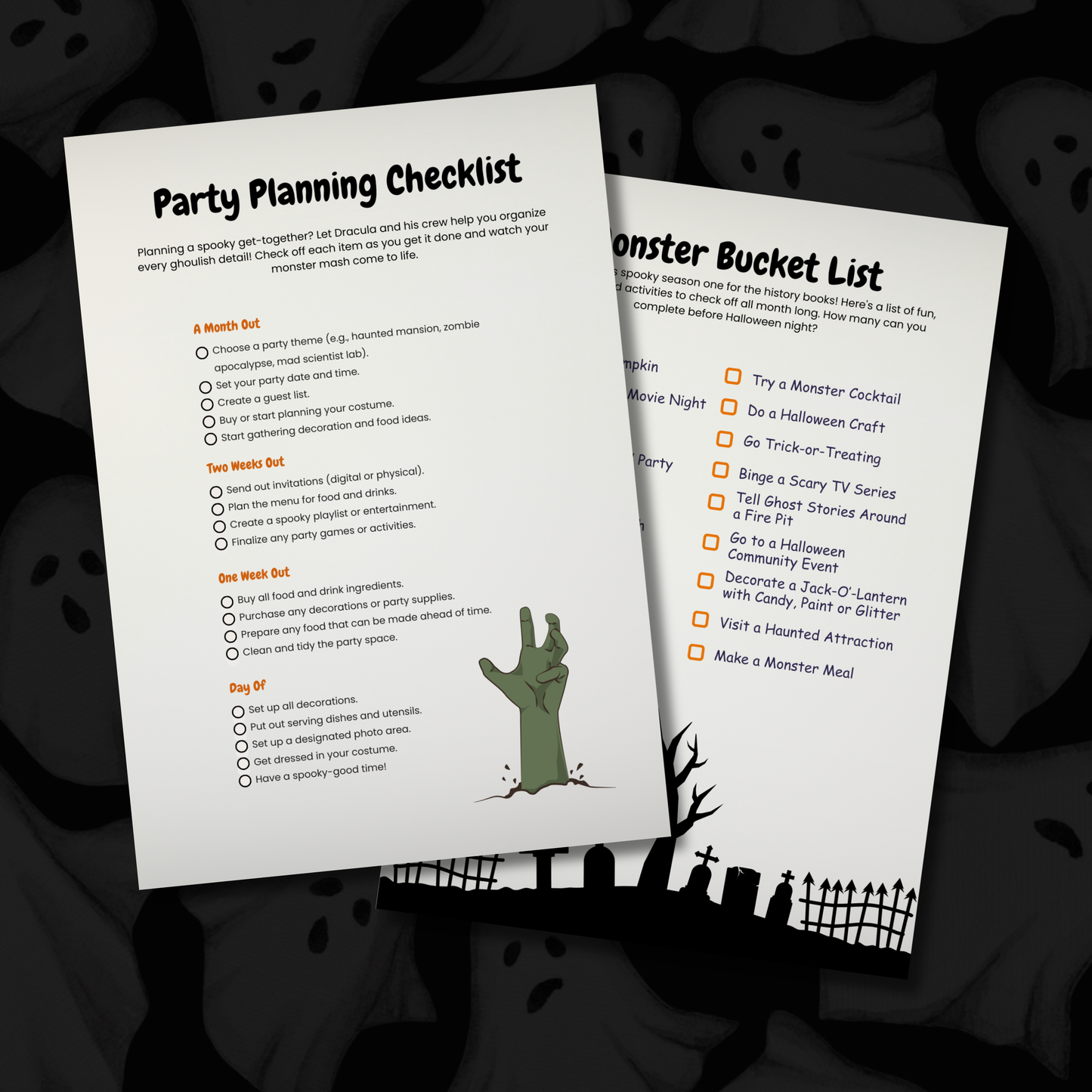 Printable Halloween planner with party planning pages, movie tracker, weekly planner, recipes, and Halloween checklists.