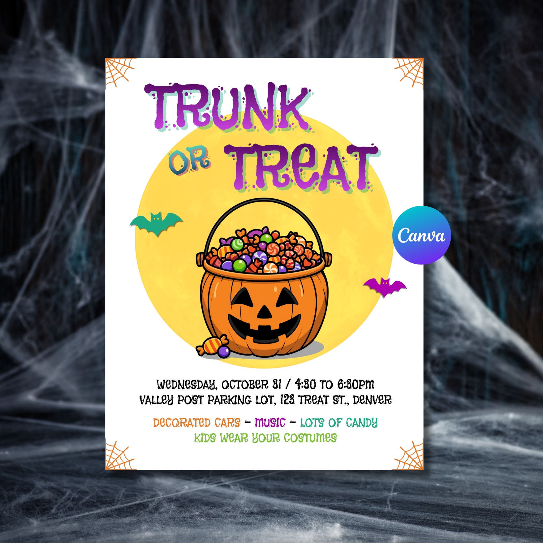 Trunk or Treat Flyer Template Editable Halloween Canva Flyer