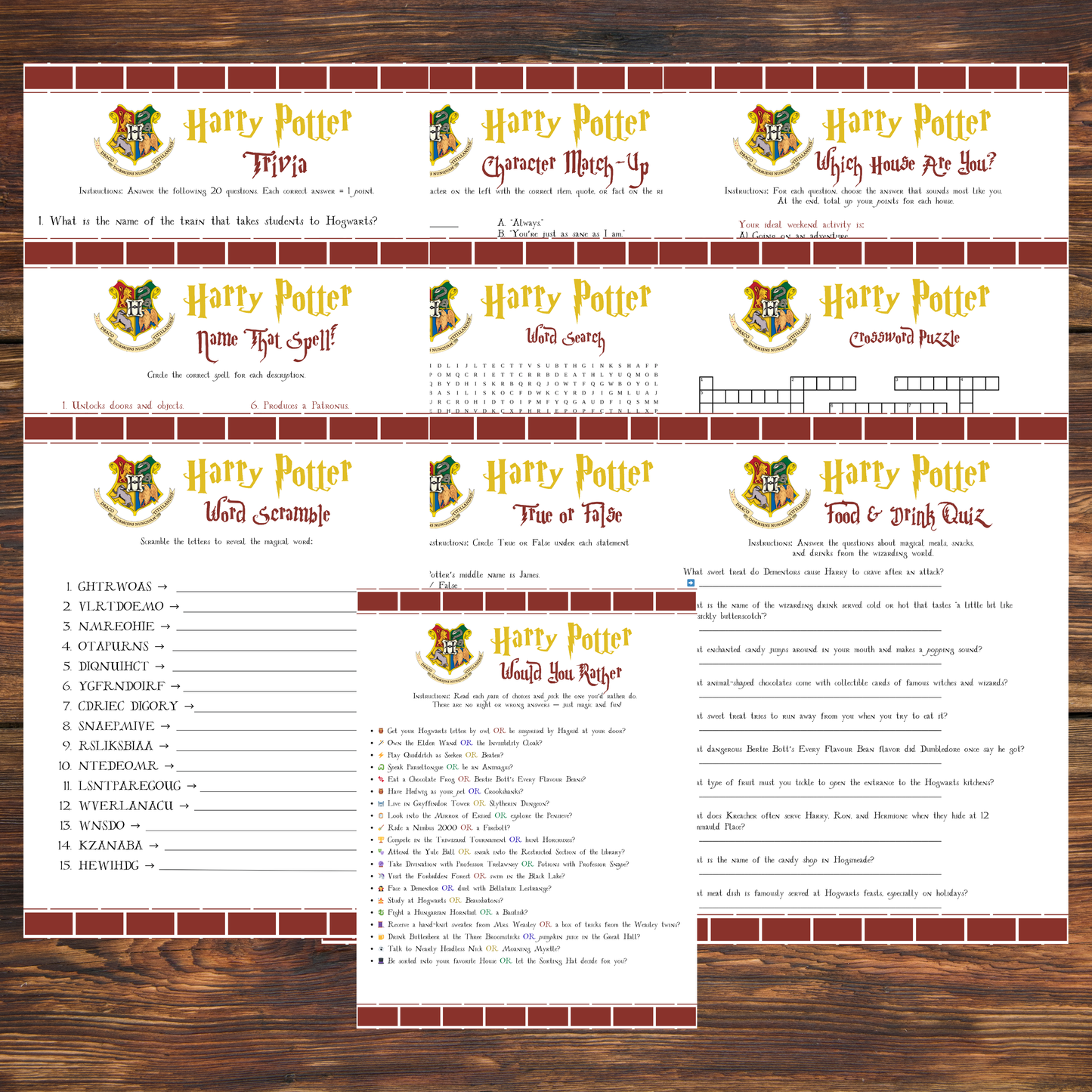 Collection of Harry Potter-themed worksheets on a wooden surface