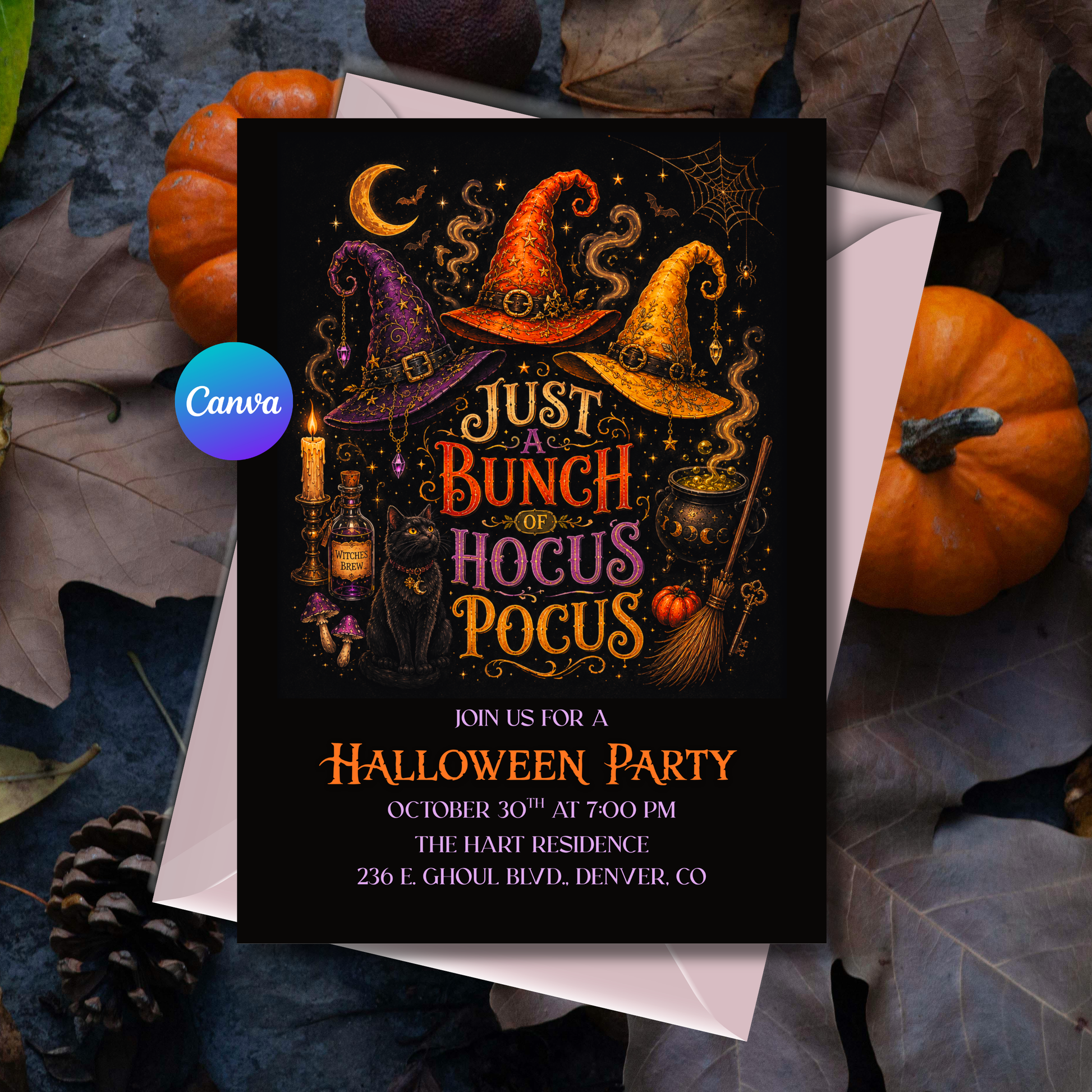 Editable Halloween party invitation featuring three vintage witch hats, black cat, potion bottle, broomstick, candles, and whimsical Halloween artwork on a black background.