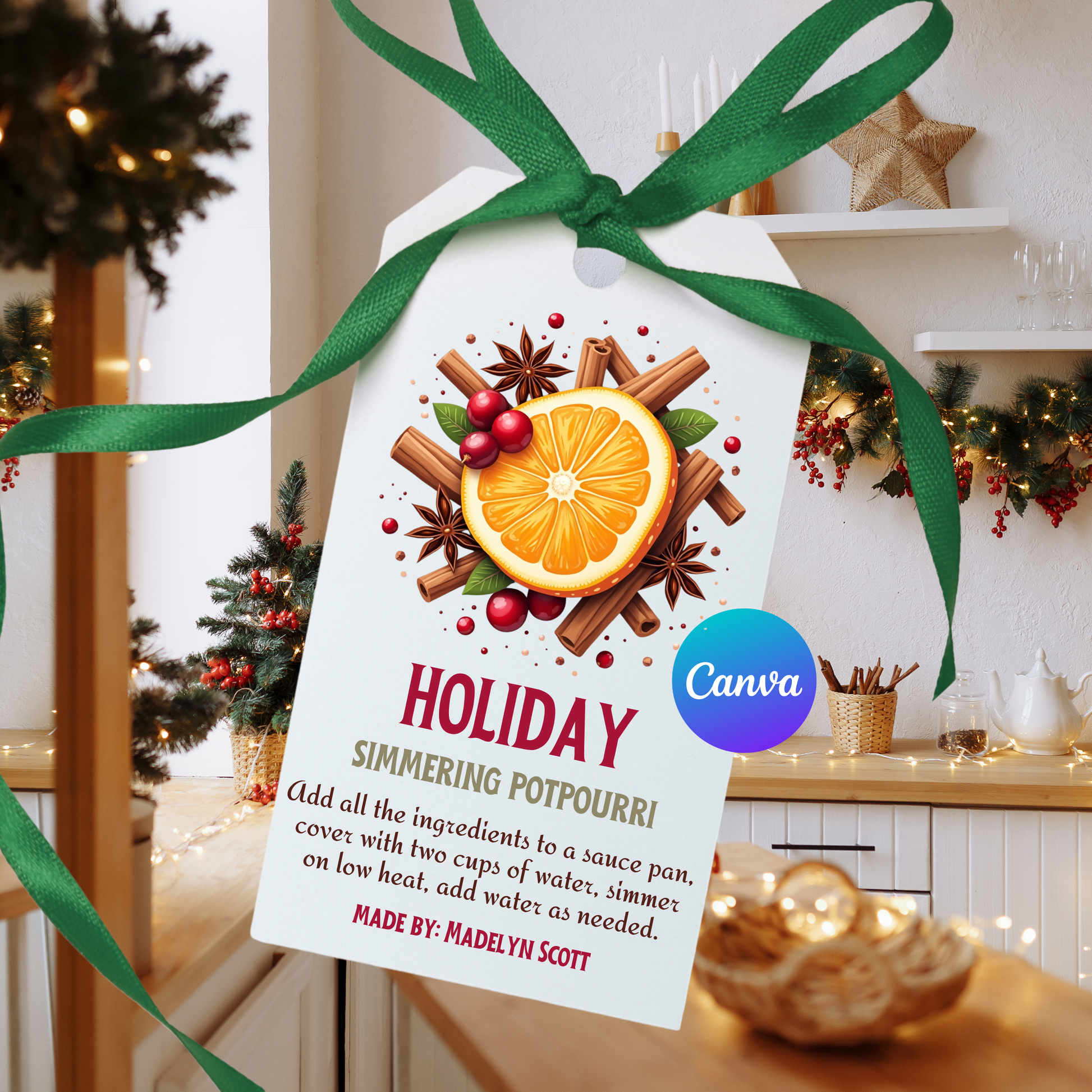 Editable Holiday Potpourri gift tags for Christmas simmer pot gifts.