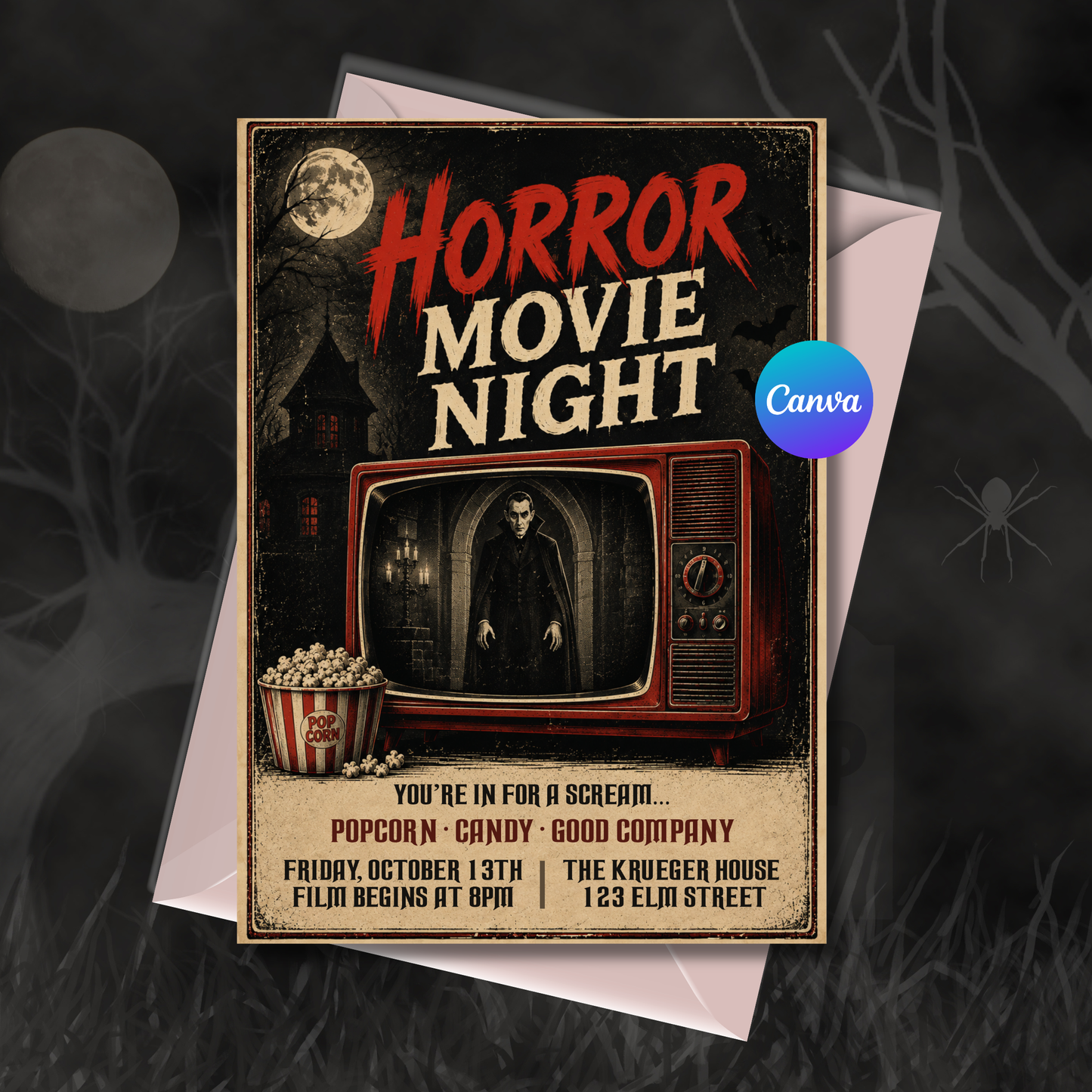 Vintage horror movie night invitation with retro television and editable Halloween party details