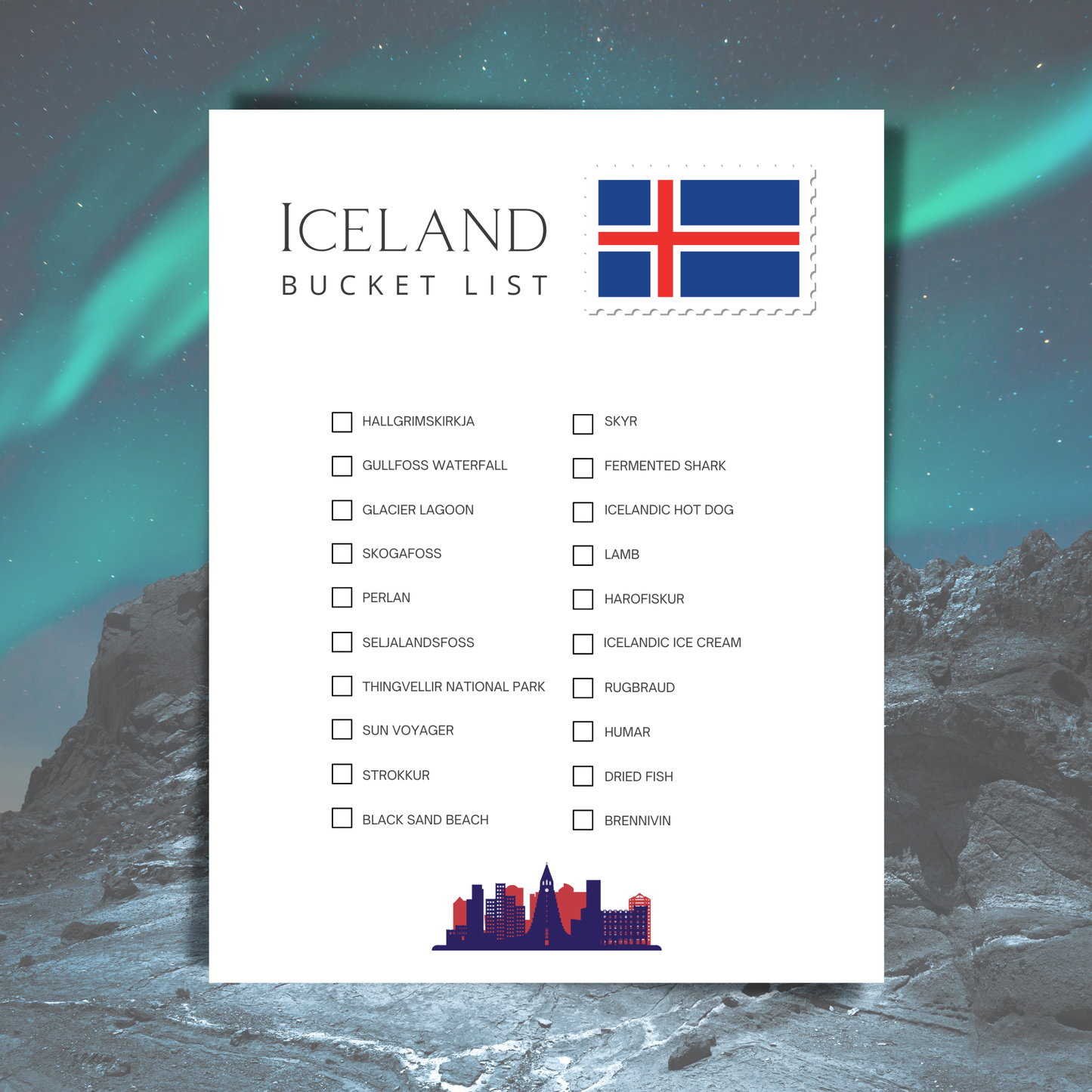 Iceland bucket list with northern lights and landscape in the background