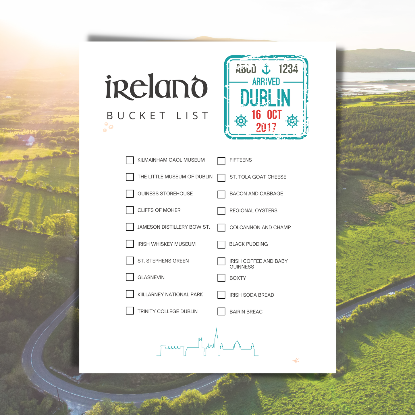 Ireland bucket list with scenic road and fields in the background