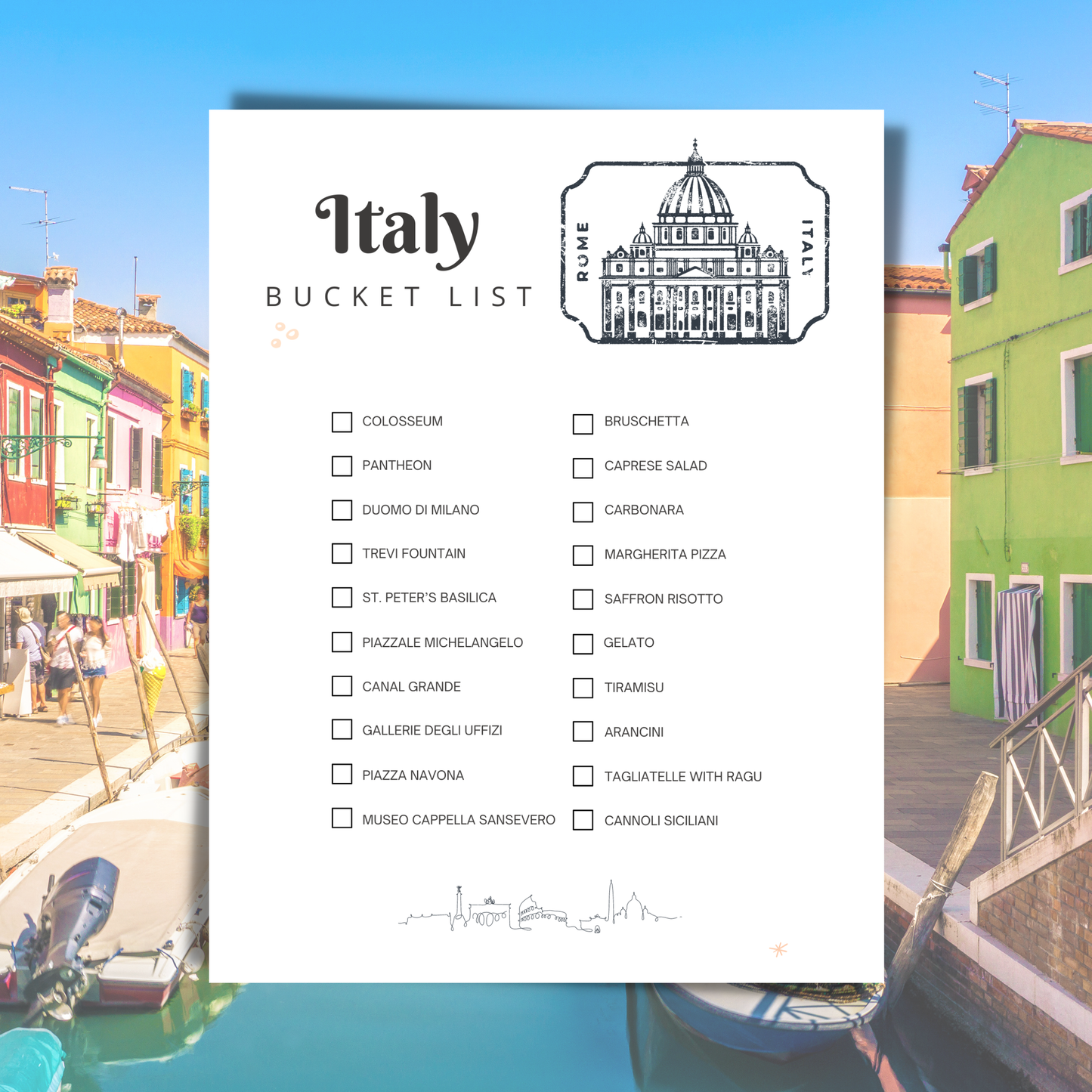 Italy bucket list with scenic images of a canal and colorful buildings.