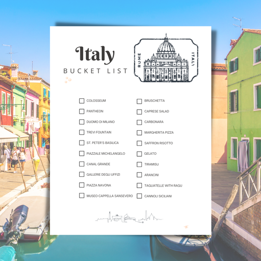 Italy bucket list with scenic images of a canal and colorful buildings.