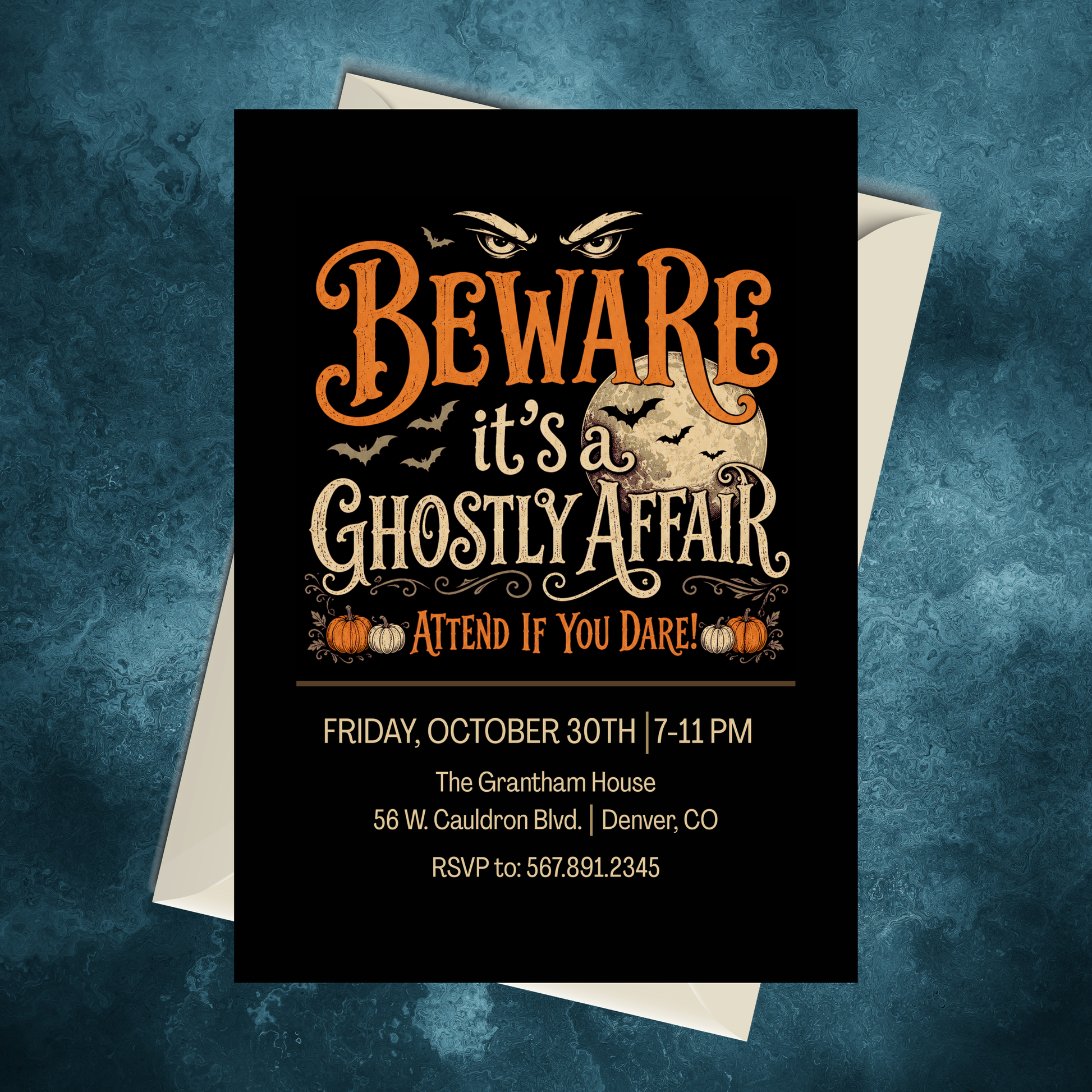 Editable Ghostly Affair Halloween Party Invitation featuring vintage typography, a full moon, bats, pumpkins, and mysterious glowing eyes.