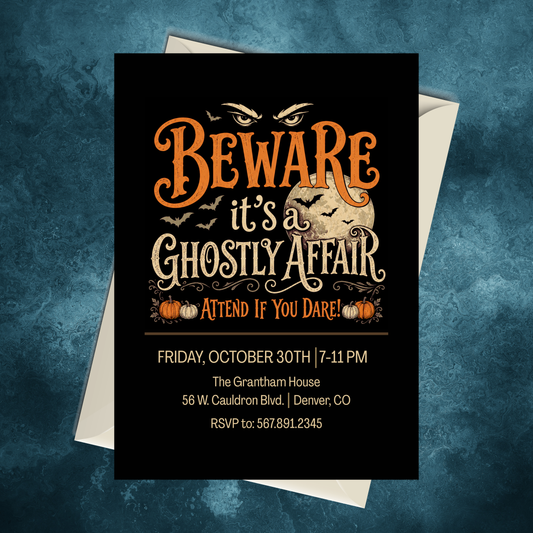 Editable Ghostly Affair Halloween Party Invitation featuring vintage typography, a full moon, bats, pumpkins, and mysterious glowing eyes.