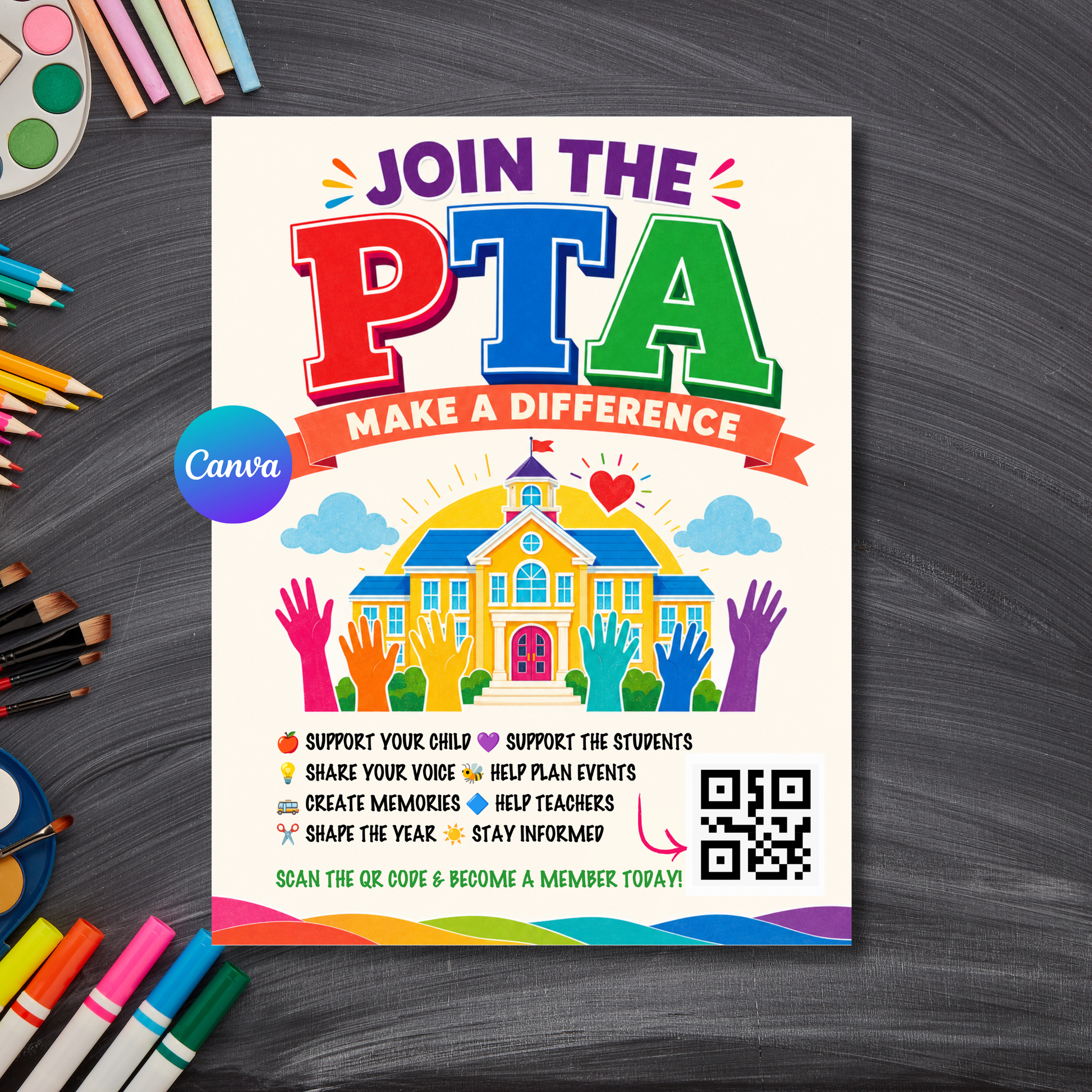 A colorful PTA flyer template with the text 'JOIN THE PTA MAKE A DIFFERENCE' above a schoolhouse illustration and multicolored hands, shown on a dark wood background with colored pencils around the edges. A Canva logo badge is visible on the left side of the flyer.