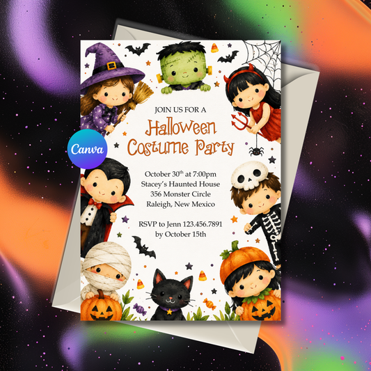Editable kids Halloween costume party invitation template featuring adorable watercolor Halloween characters including a witch, vampire, mummy, Frankenstein, skeleton, pumpkin costume, black cat, bats, and spiderweb. Canva editable 5x7 digital download.