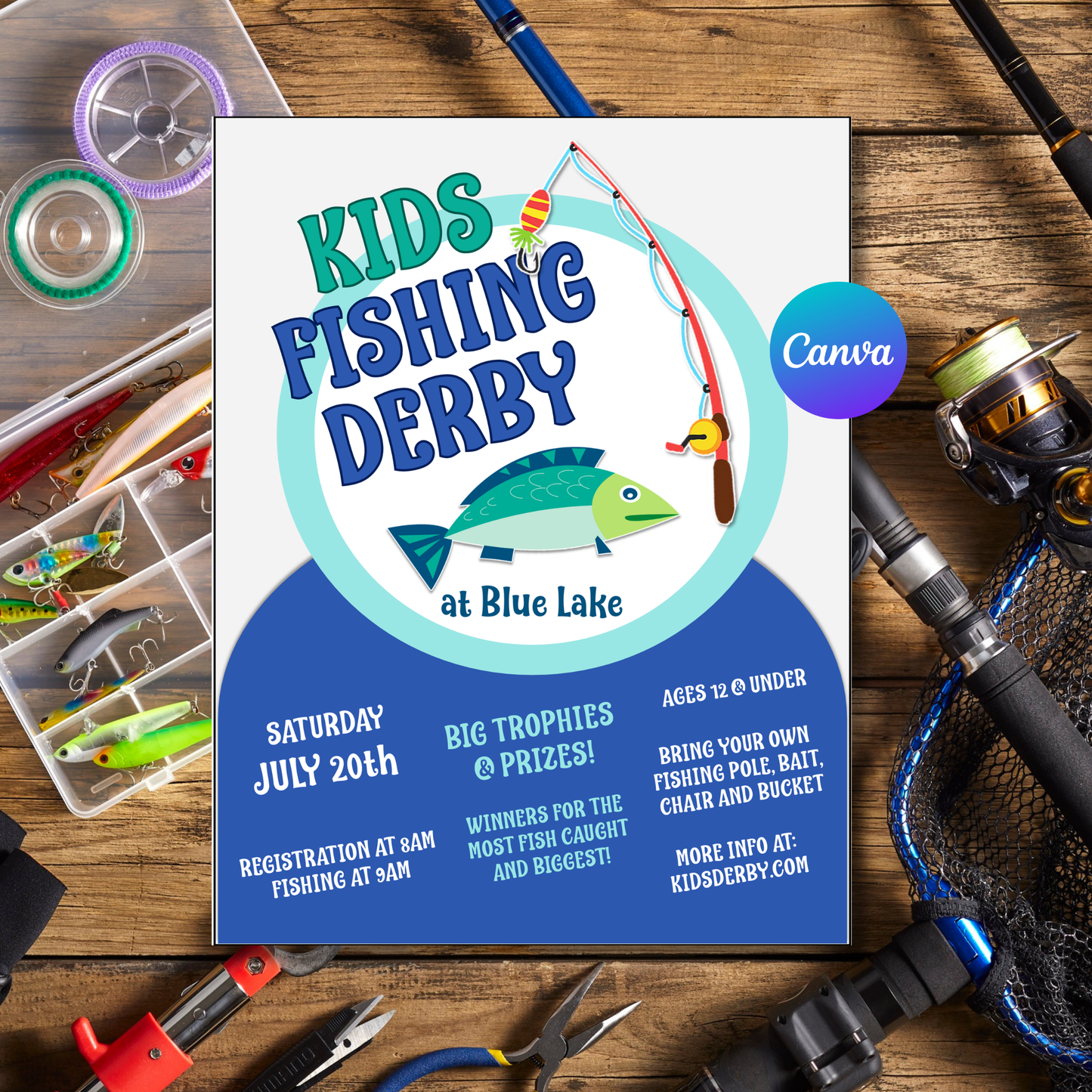 Kids Fishing Derby Flyer Template | Youth Fishing Event Poster | Kids Fishing Contest Invitation | Editable Canva Printable