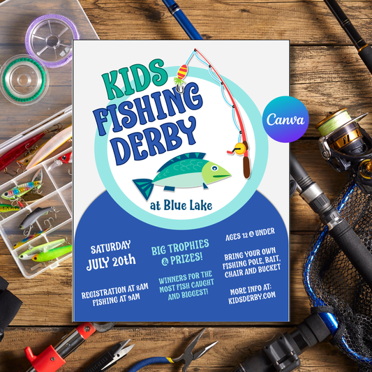 Kids Fishing Derby Flyer Template | Youth Fishing Event Poster | Kids Fishing Contest Invitation | Editable Canva Printable