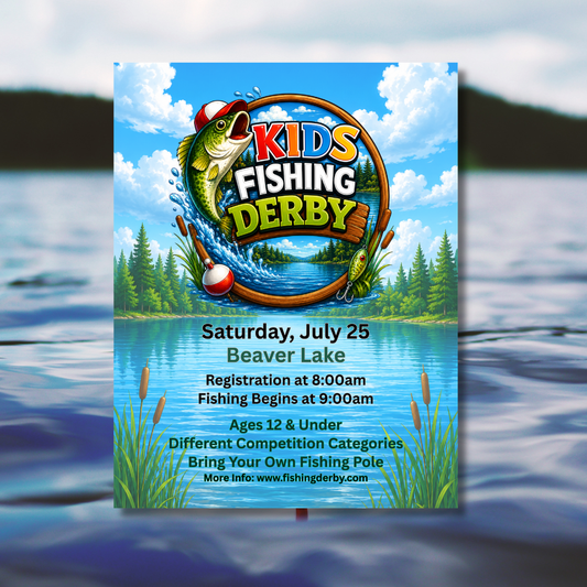 Editable Kids Fishing Derby flyer template designed for community fishing events.