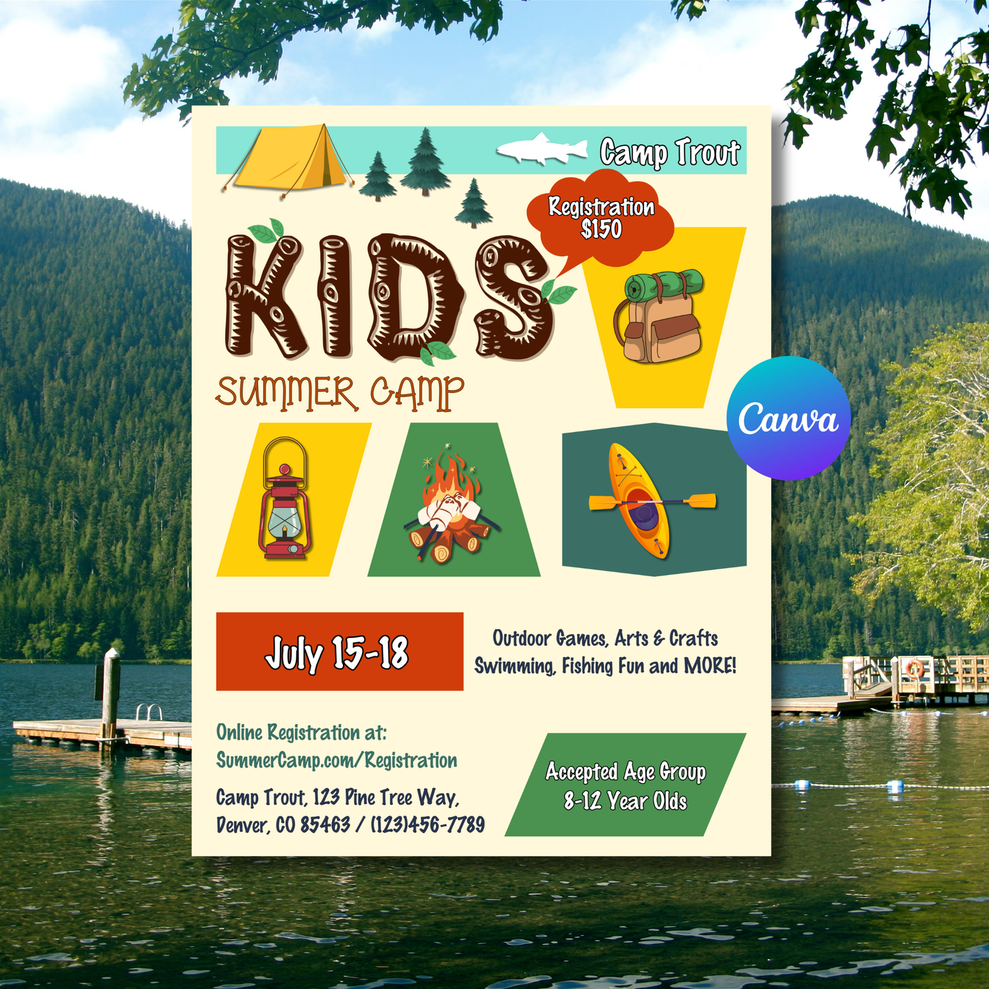 Kids Summer Camp Flyer Template | Summer Camp Poster | Kids Camp Invitation | Editable Canva Printable