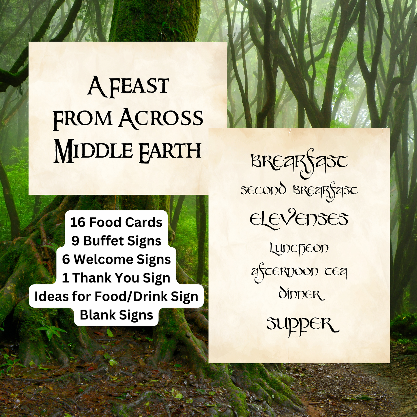 Decorative signs for a themed event with forest background