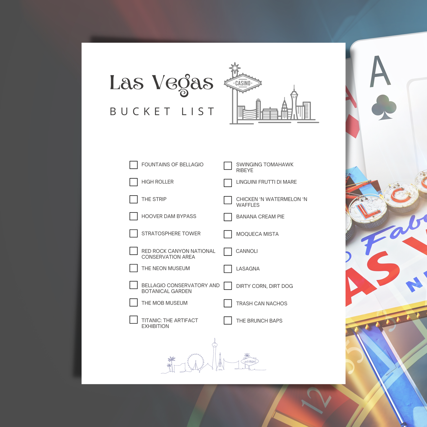Las Vegas bucket list with a playing card and Las Vegas-themed items on a gray background