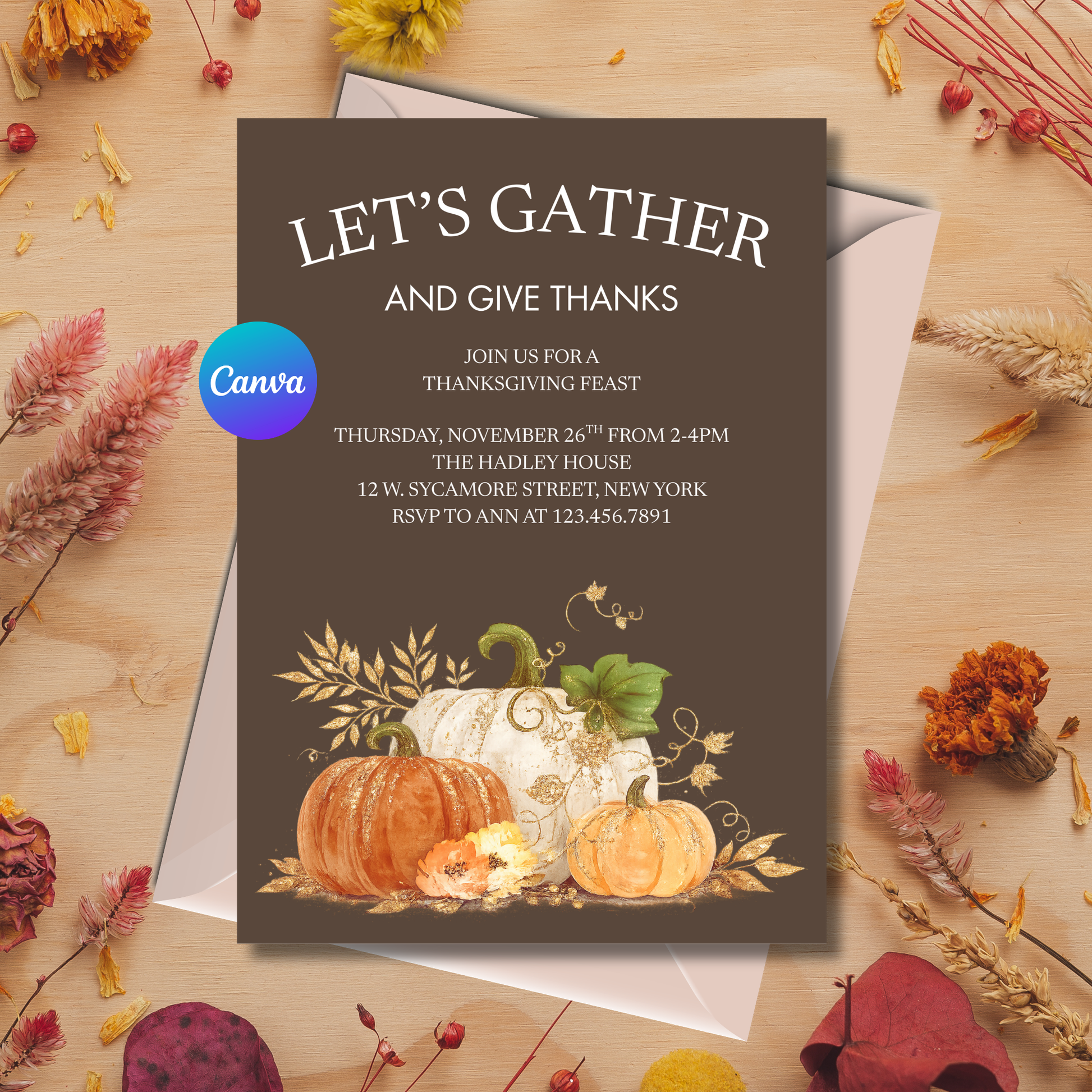Editable Thanksgiving dinner invitation template featuring elegant watercolor pumpkins with gold glitter accents, autumn leaves, vines, florals, and harvest greenery. Canva editable 5x7 digital download.