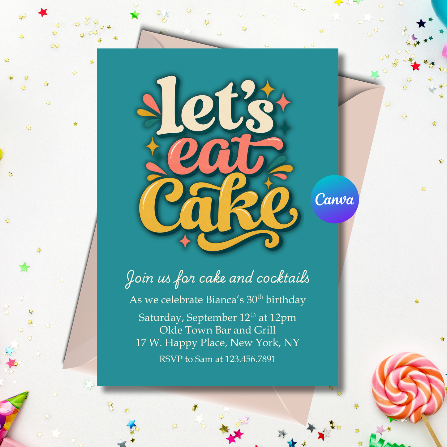 Retro Let's Eat Cake birthday invitation editable 5x7 Canva template