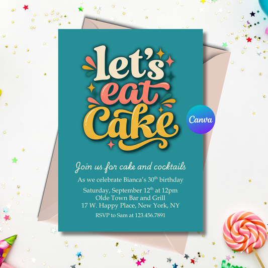 Retro Let's Eat Cake birthday invitation editable 5x7 Canva template