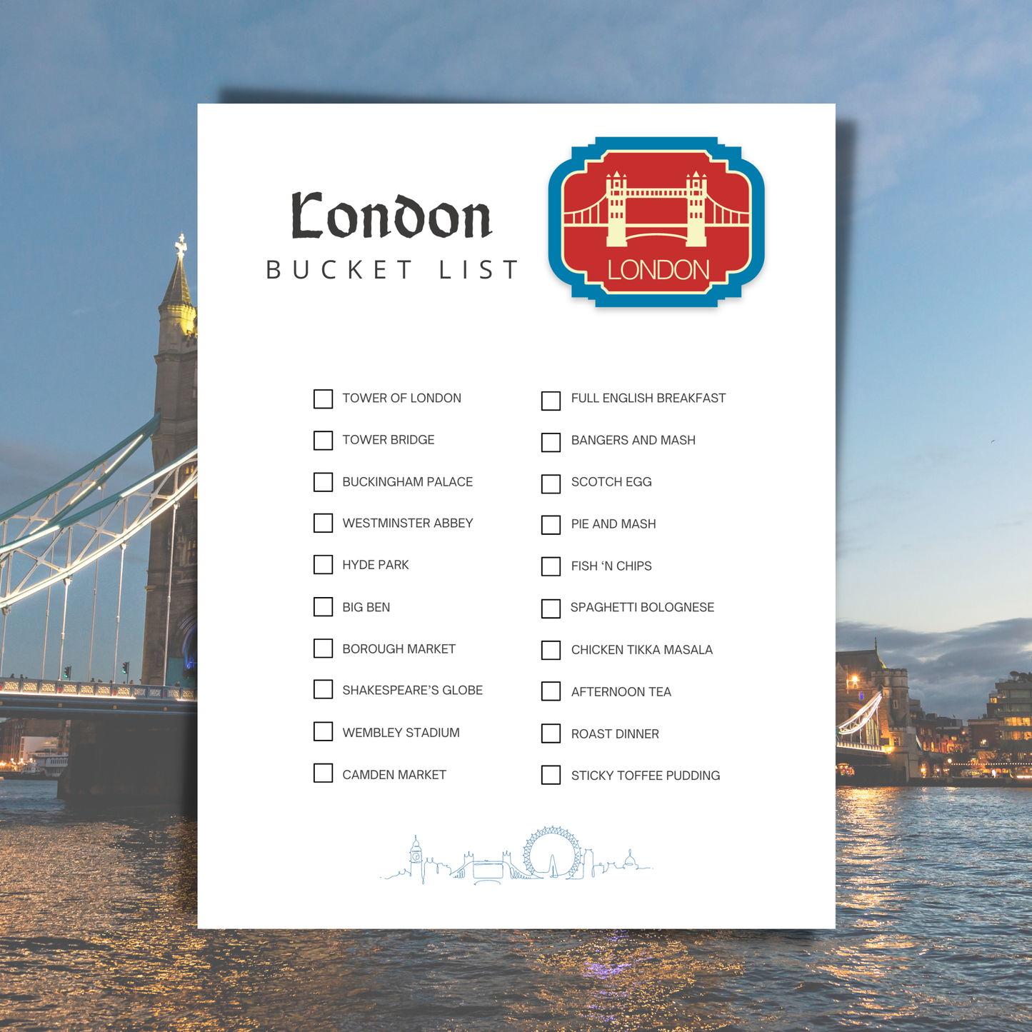 London Travel Bucket List Printable | Places to Visit & Foods to Try | London Trip Planner Page | Instant Download 8.5x11