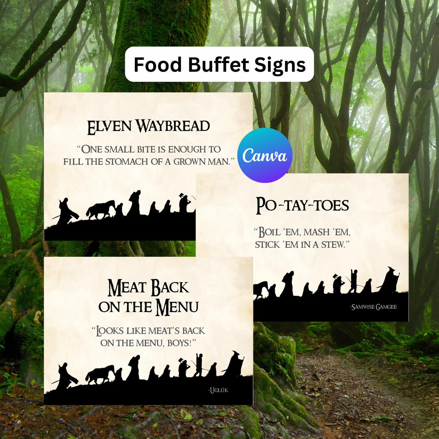 Three food buffet signs with silhouettes against a forest background, featuring the Canva logo.