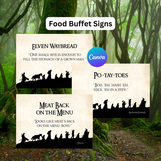 Three food buffet signs with silhouettes against a forest background, featuring the Canva logo.